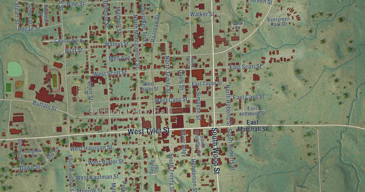 Map of Gilmer, Texas in 2026