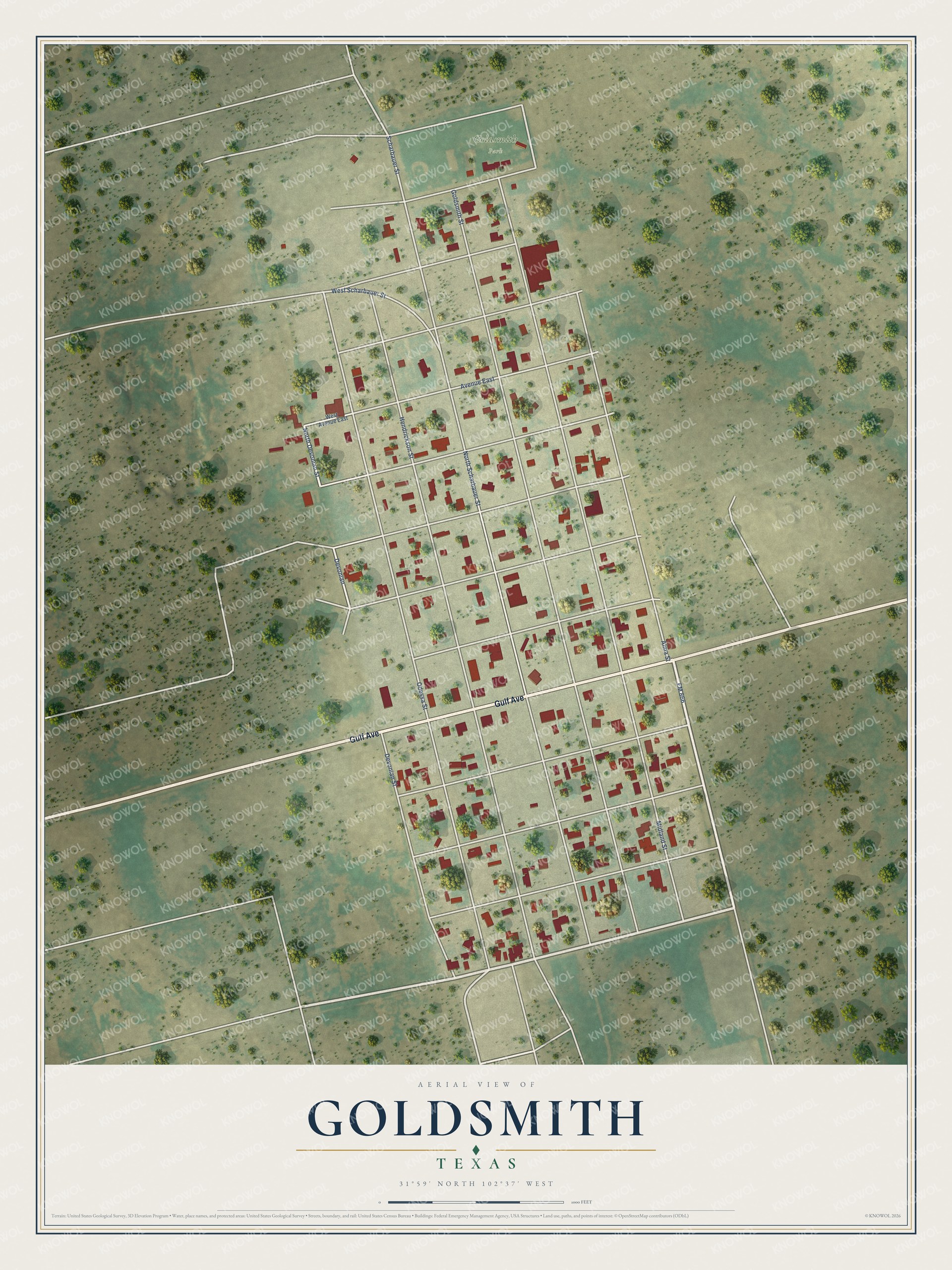 Full map of Goldsmith, Texas, with red buildings, printed street names and the land around them
