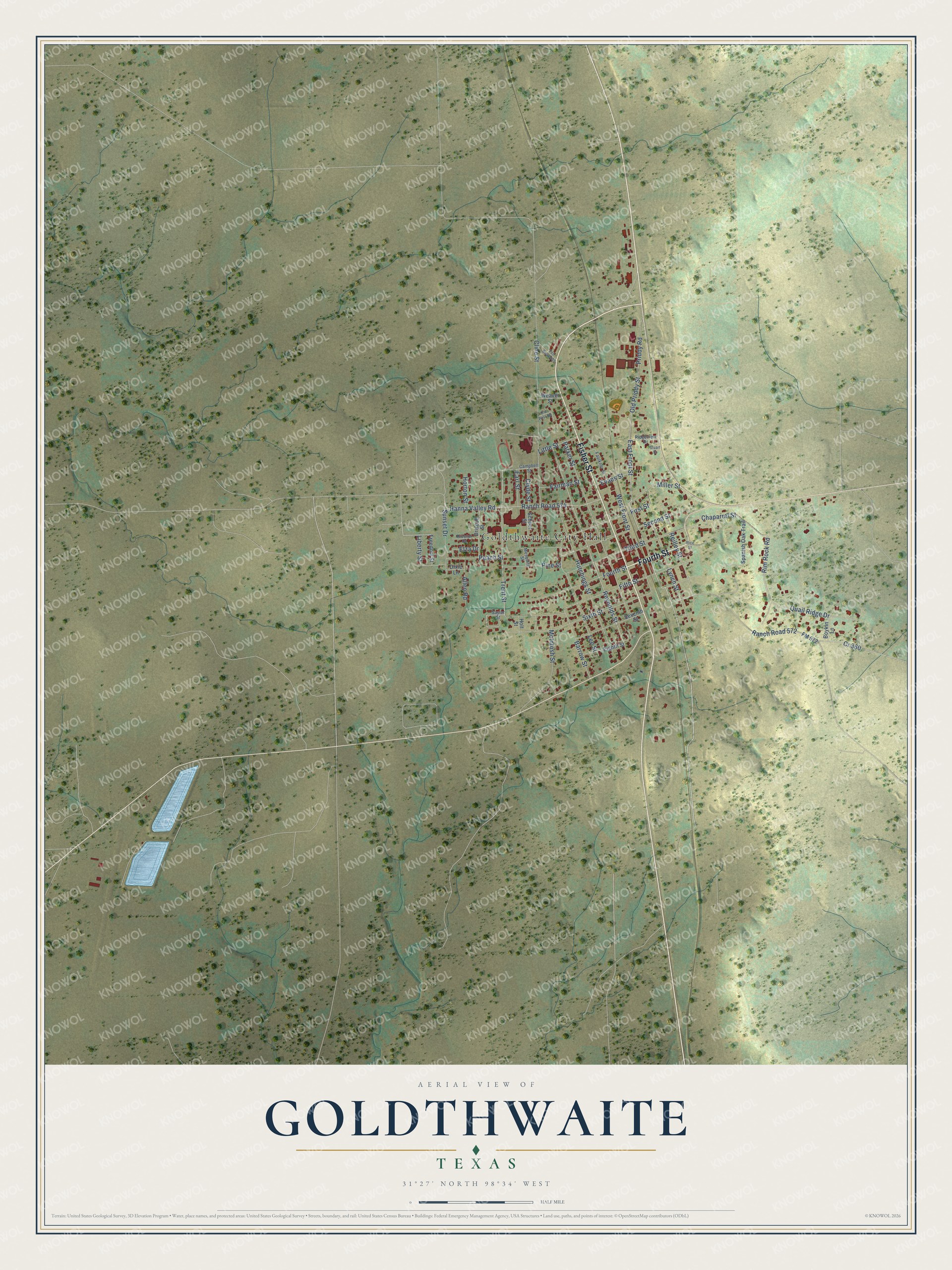Full map of Goldthwaite, Texas, with red buildings, printed street names and the land around them