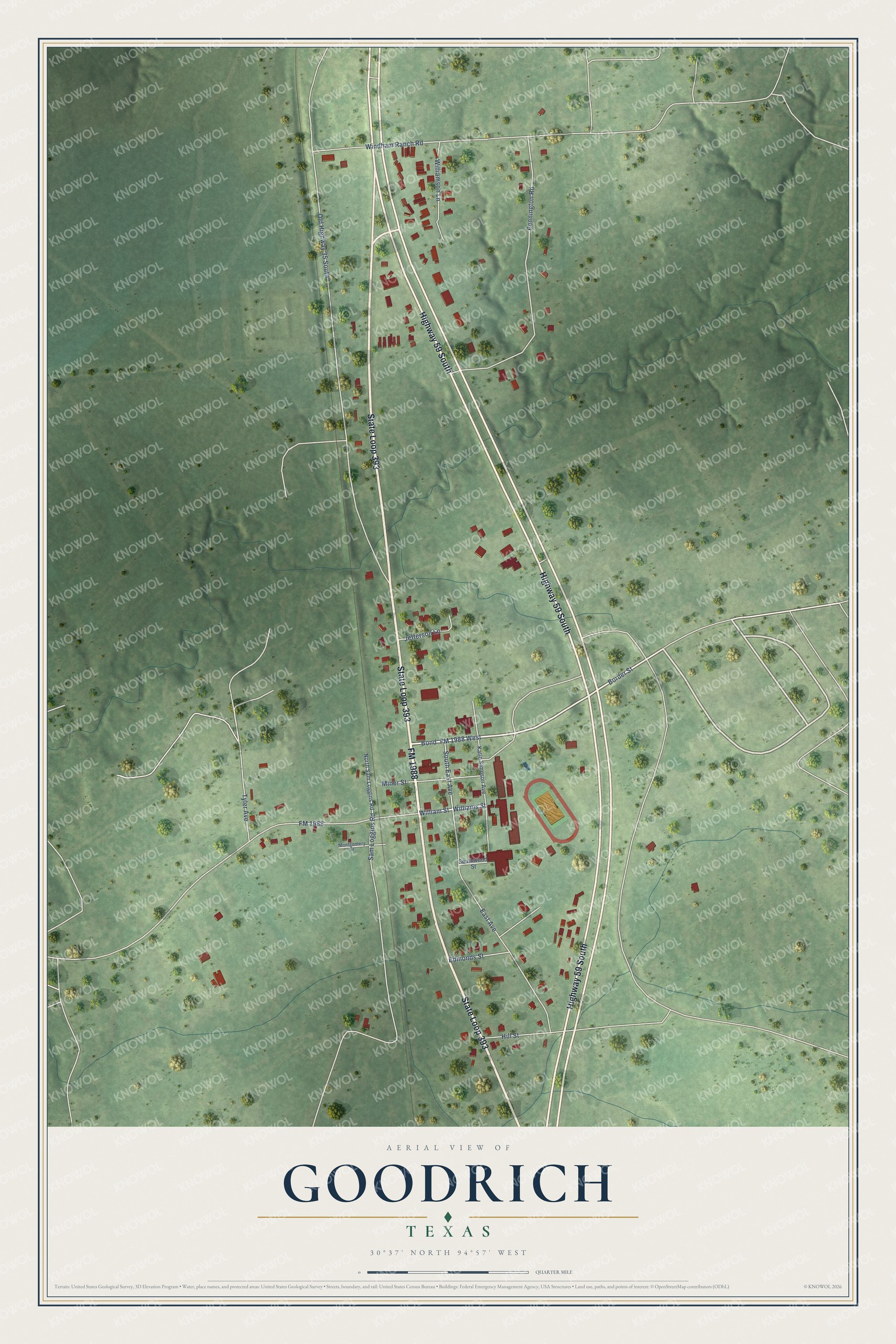 Full map of Goodrich, Texas, with red buildings, printed street names and the land around them