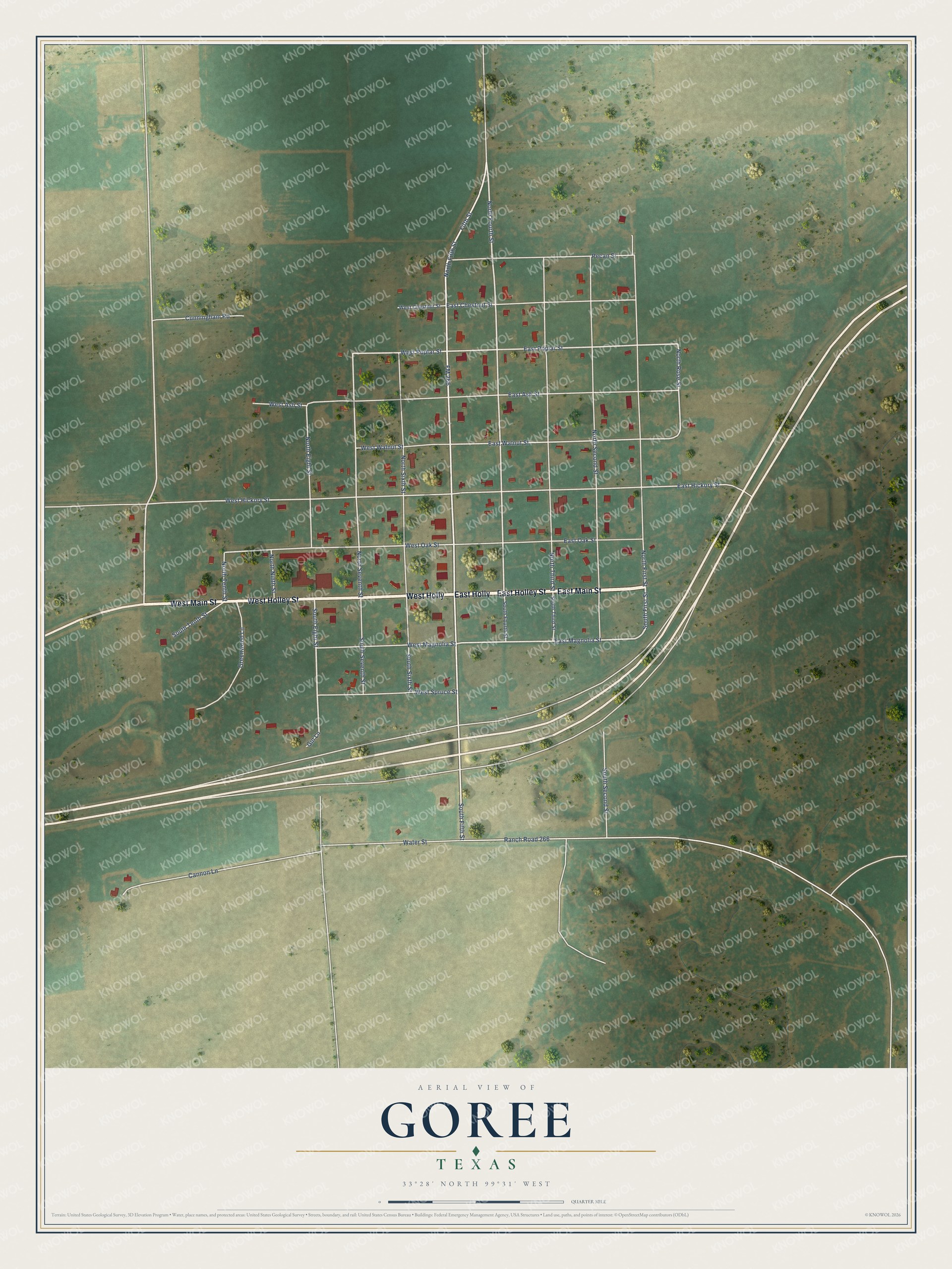 Full map of Goree, Texas, with red buildings, printed street names and the land around them