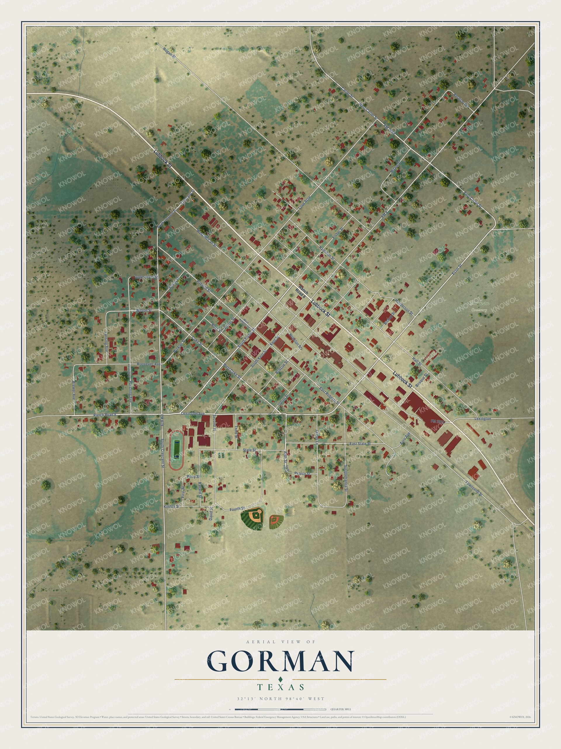 Full map of Gorman, Texas, with red buildings, printed street names and the land around them