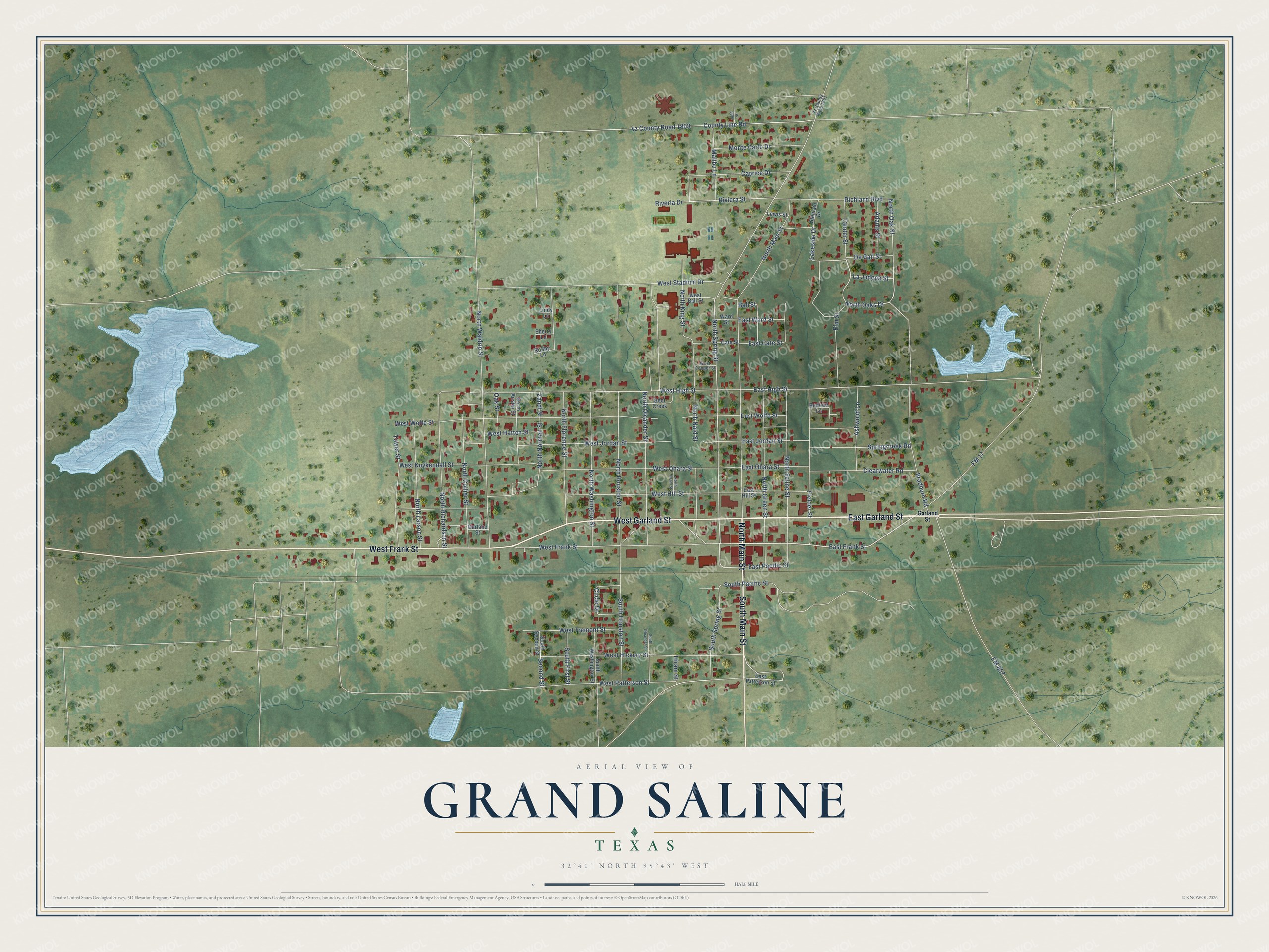 Full map of Grand Saline, Texas, with red buildings, printed street names and the land around them