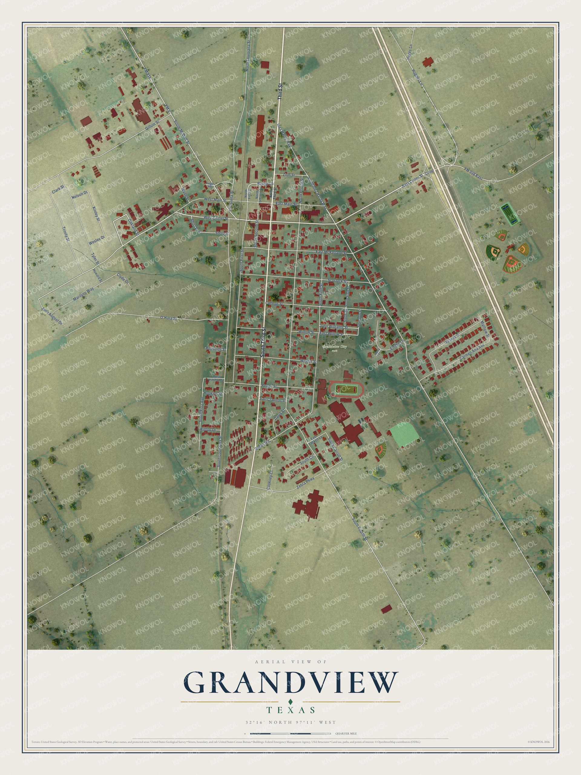 Full map of Grandview, Texas, with red buildings, printed street names and the land around them