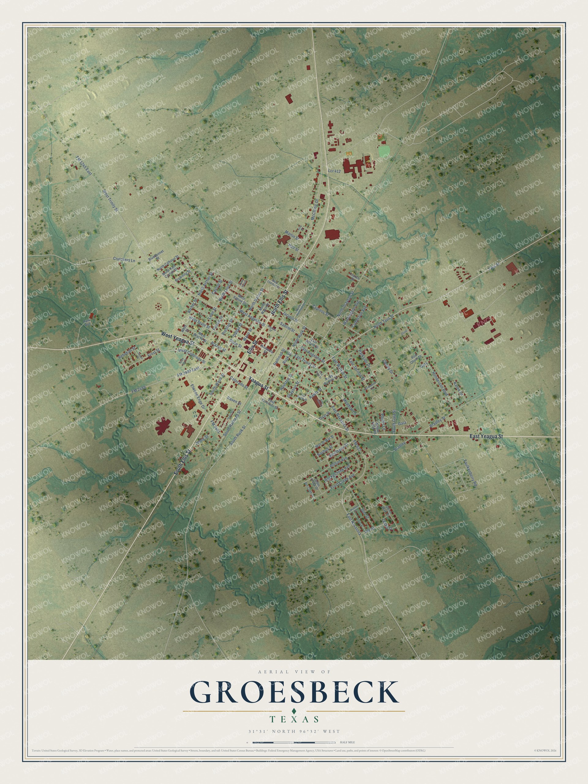 Full map of Groesbeck, Texas, with red buildings, printed street names and the land around them
