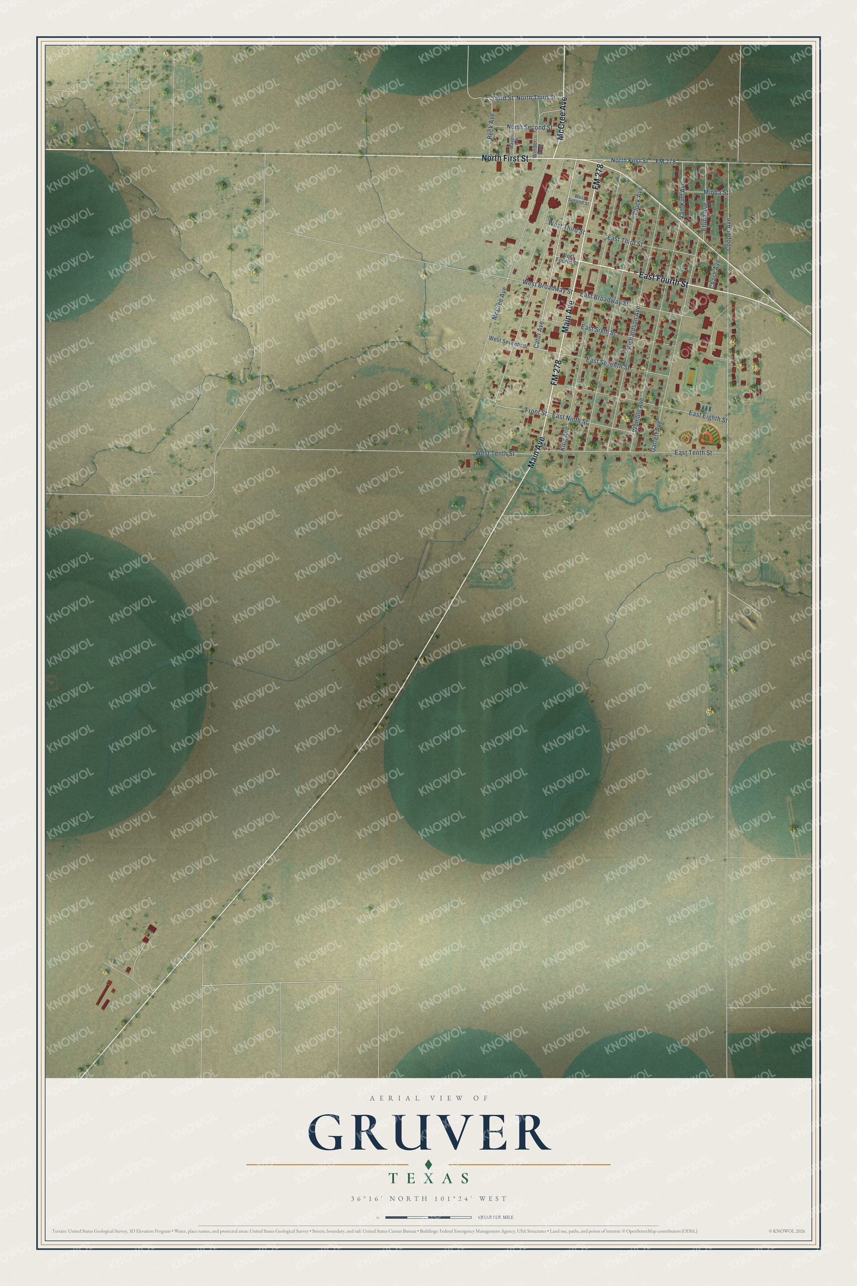 Full map of Gruver, Texas, with red buildings, printed street names and the land around them