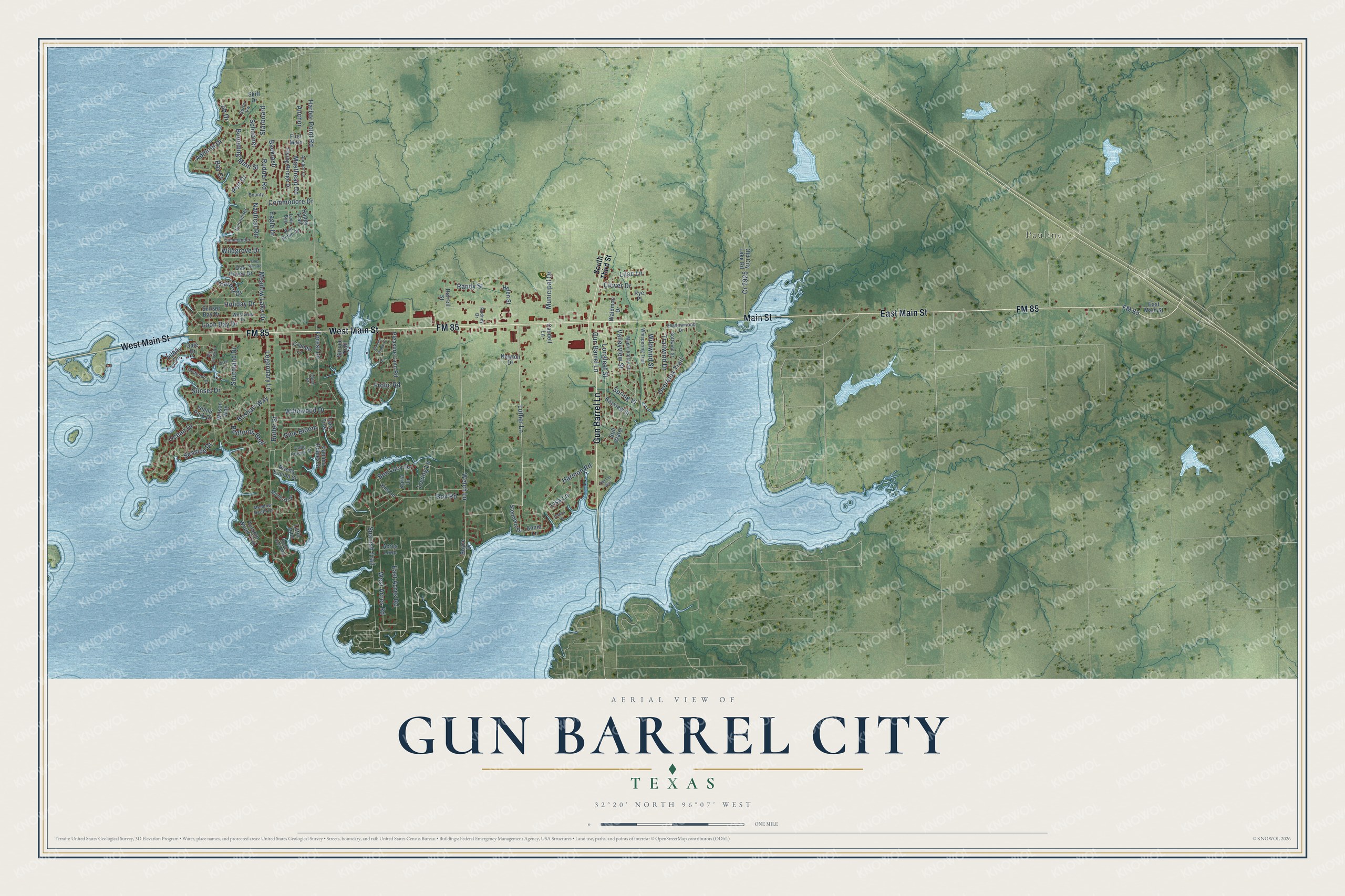 Full map of Gun Barrel City, Texas, with red buildings, printed street names and the land around them