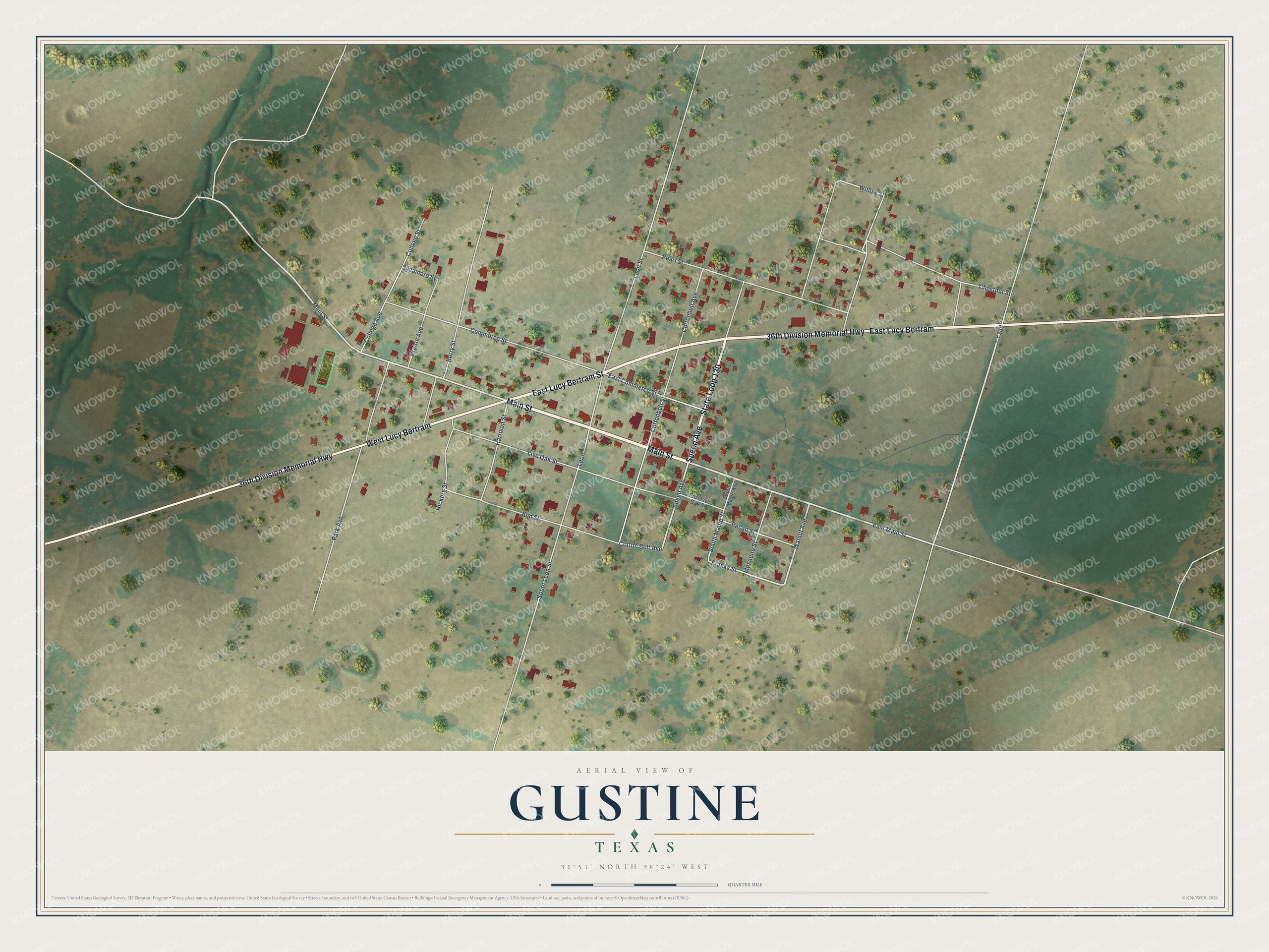 Full map of Gustine, Texas, with red buildings, printed street names and the land around them