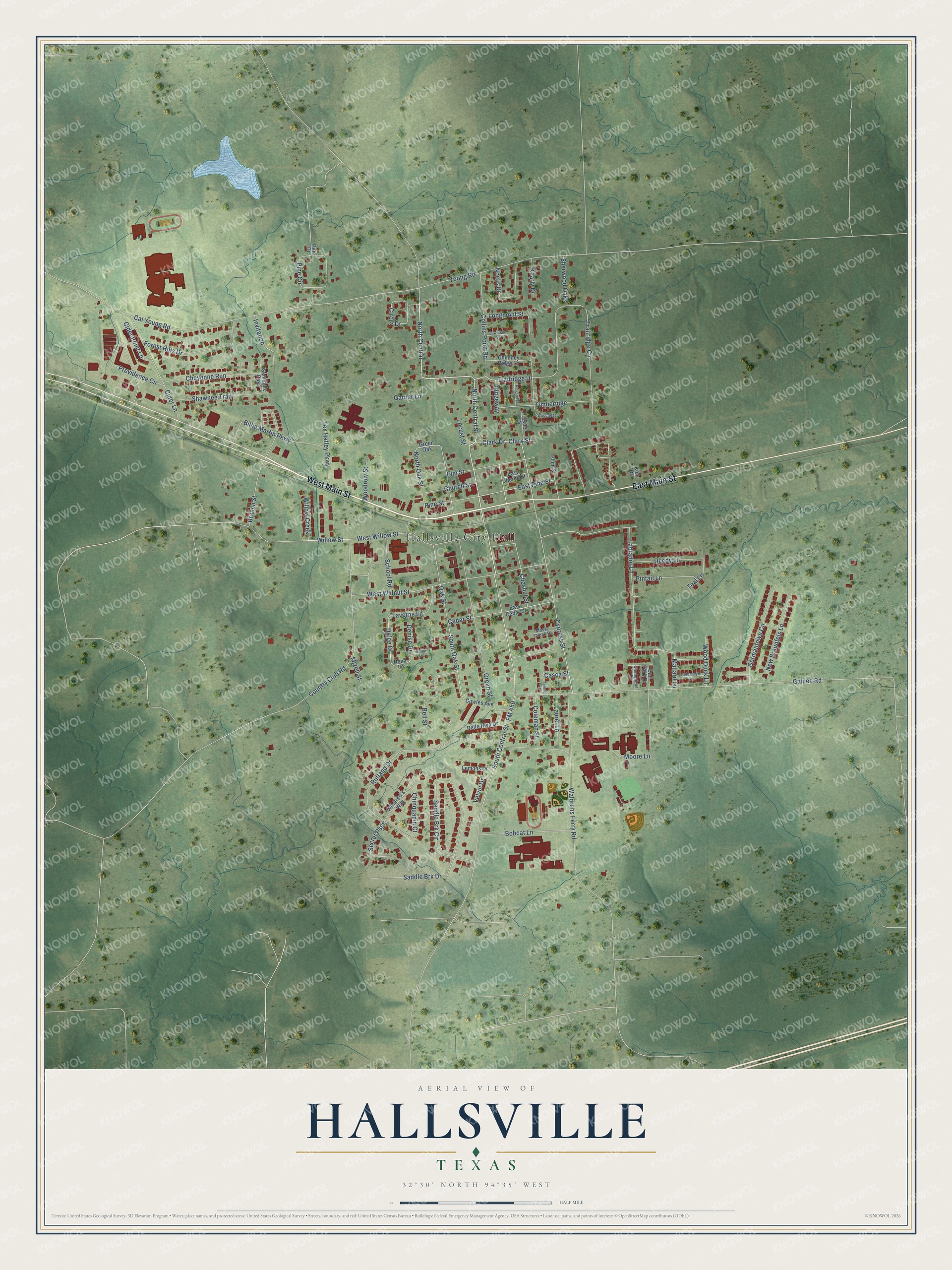 Full map of Hallsville, Texas, with red buildings, printed street names and the land around them