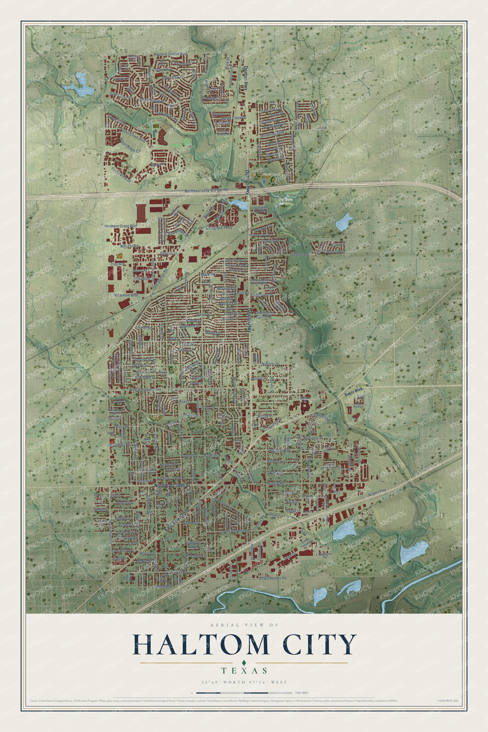 Full map of Haltom City, Texas, with red buildings, printed street names and the land around them