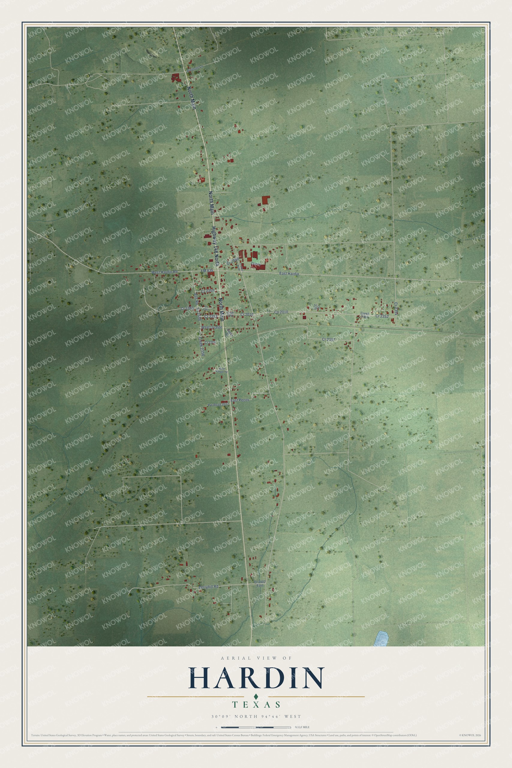 Full map of Hardin, Texas, with red buildings, printed street names and the land around them