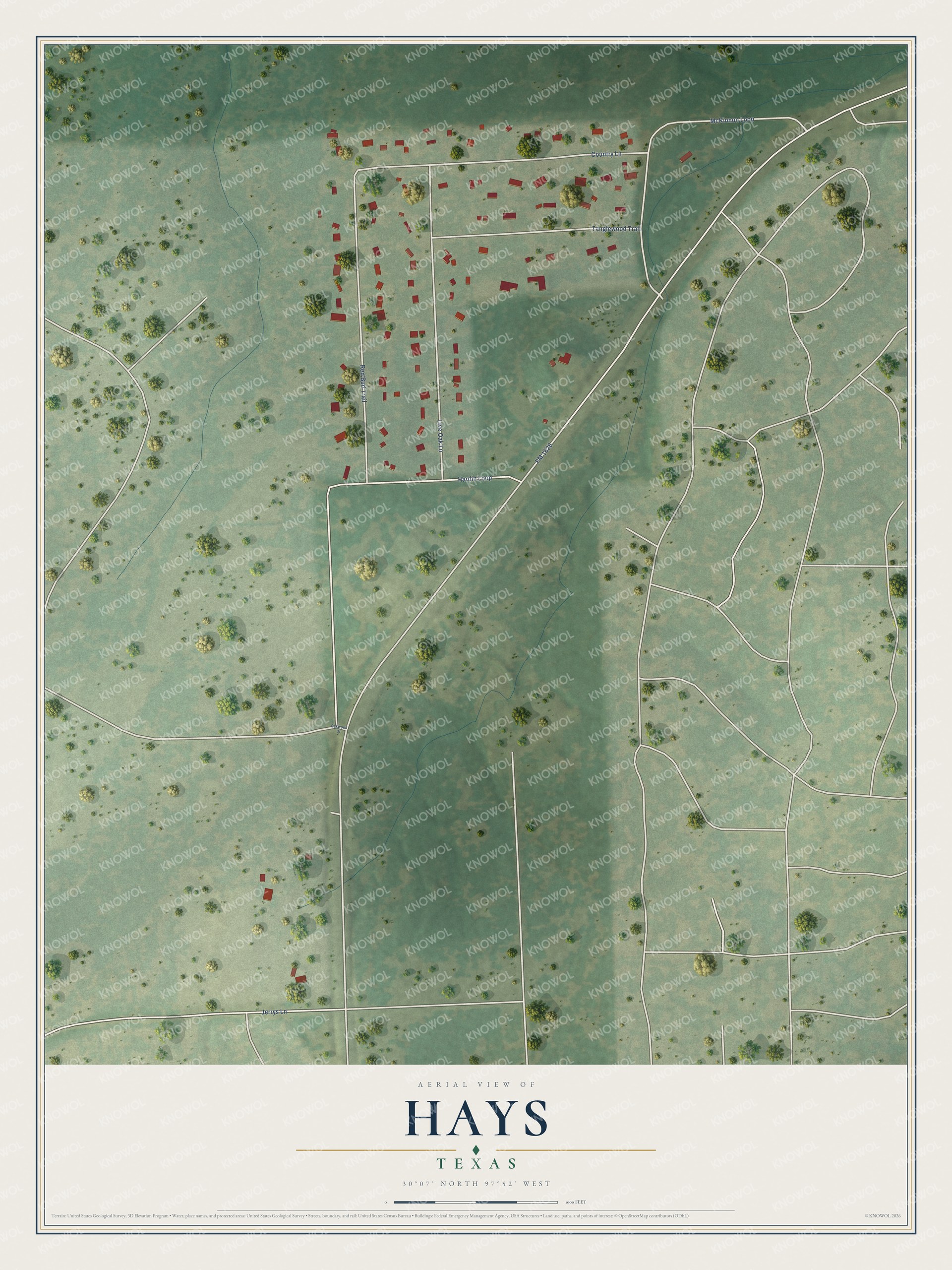 Full map of Hays, Texas, with red buildings, printed street names and the land around them
