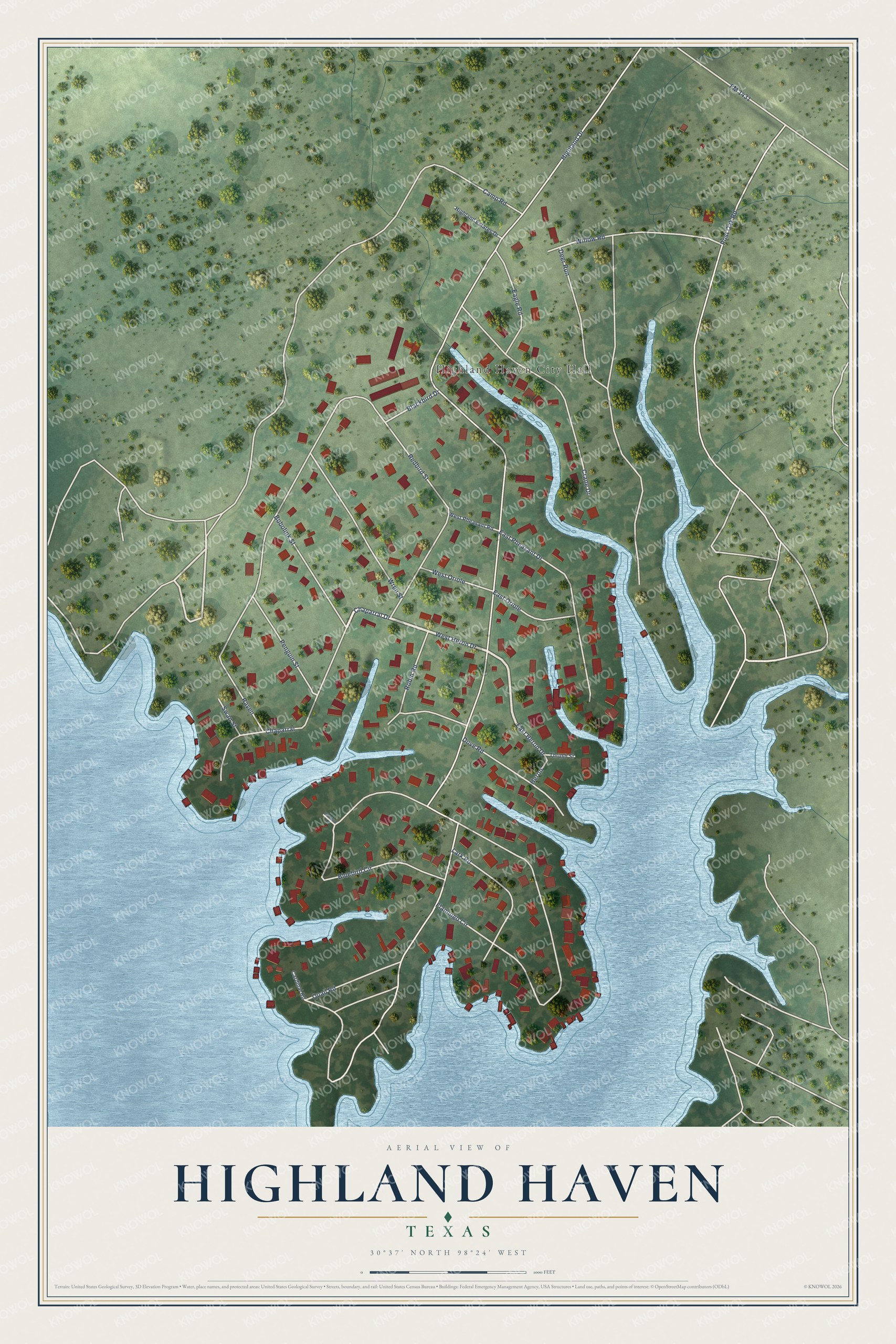 Full map of Highland Haven, Texas, with red buildings, printed street names and the land around them