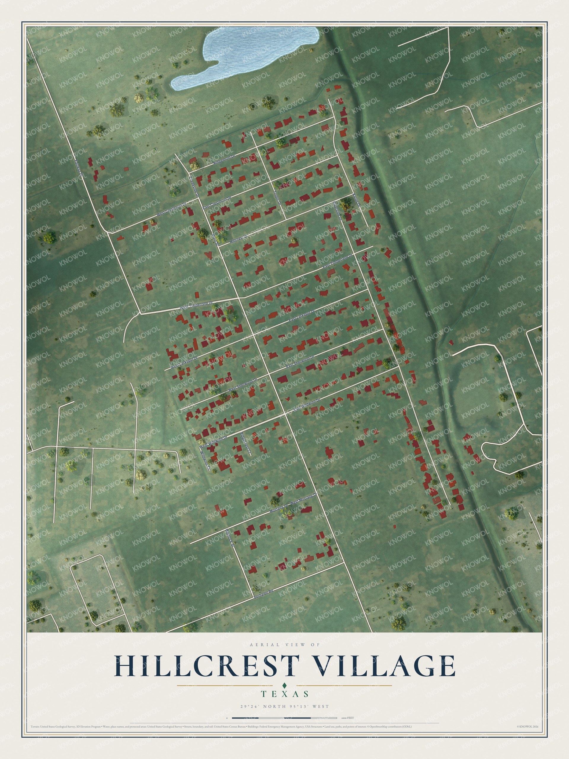 Full map of Hillcrest Village, Texas, with red buildings, printed street names and the land around them