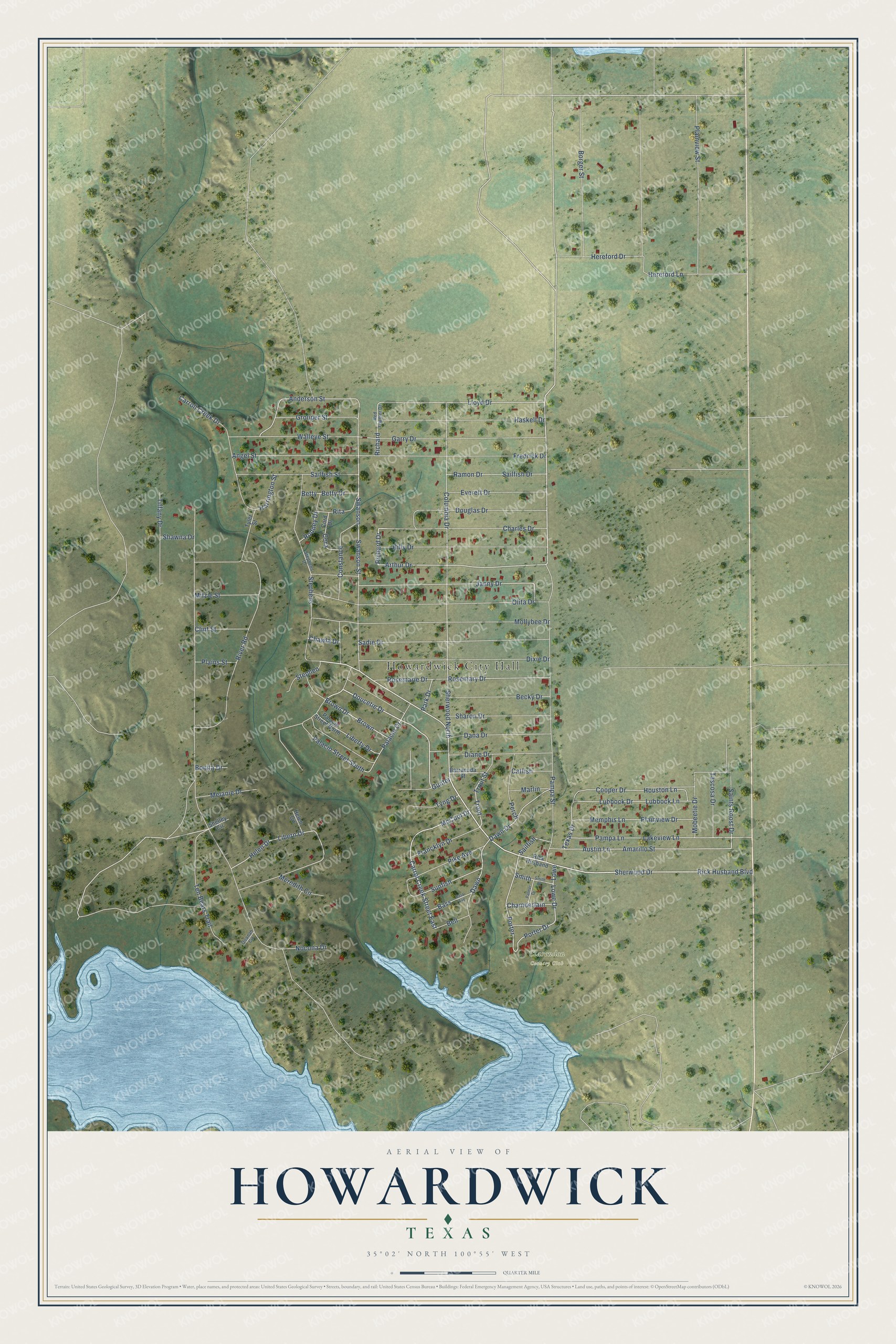 Full map of Howardwick, Texas, with red buildings, printed street names and the land around them