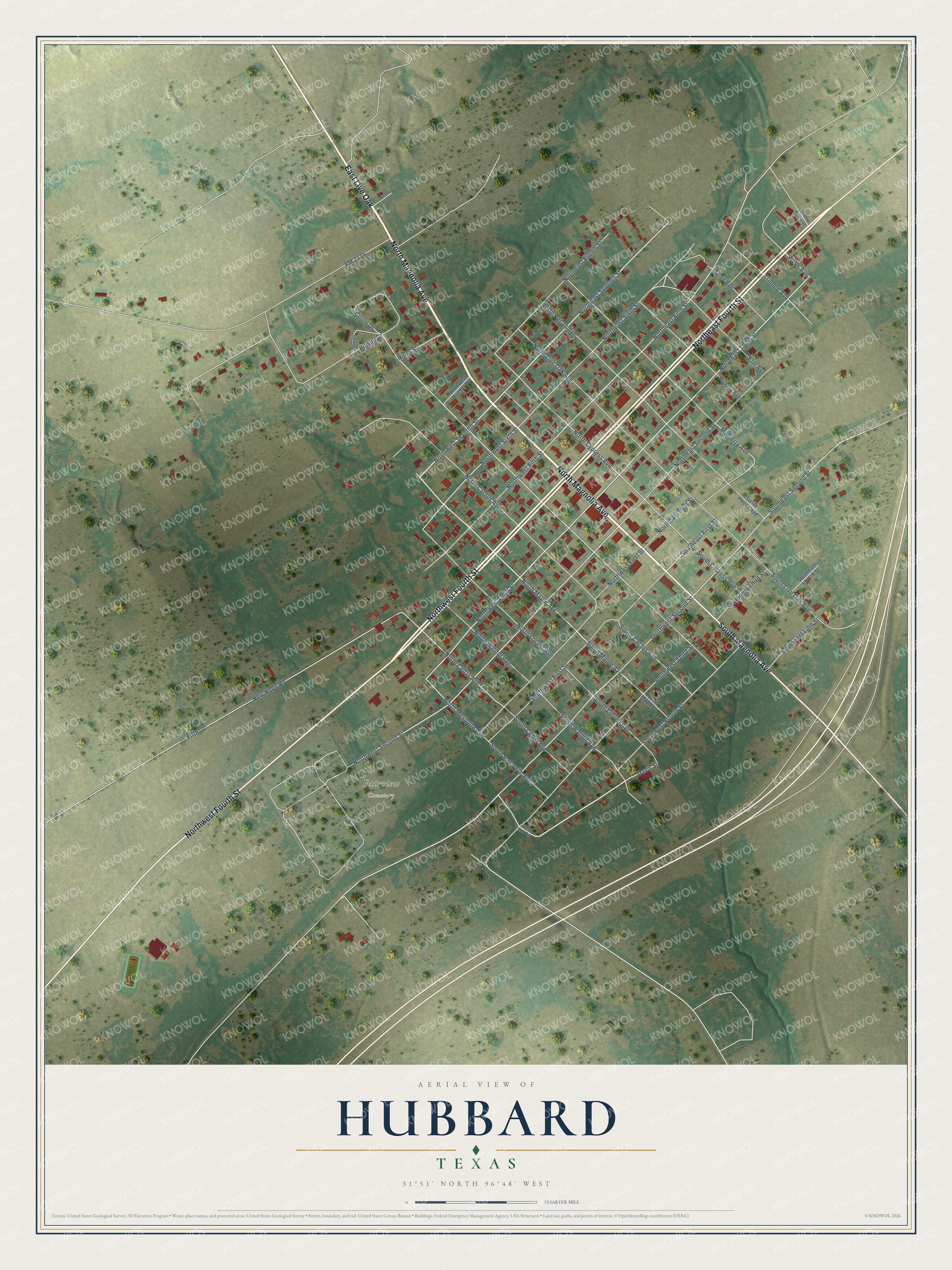 Full map of Hubbard, Texas, with red buildings, printed street names and the land around them