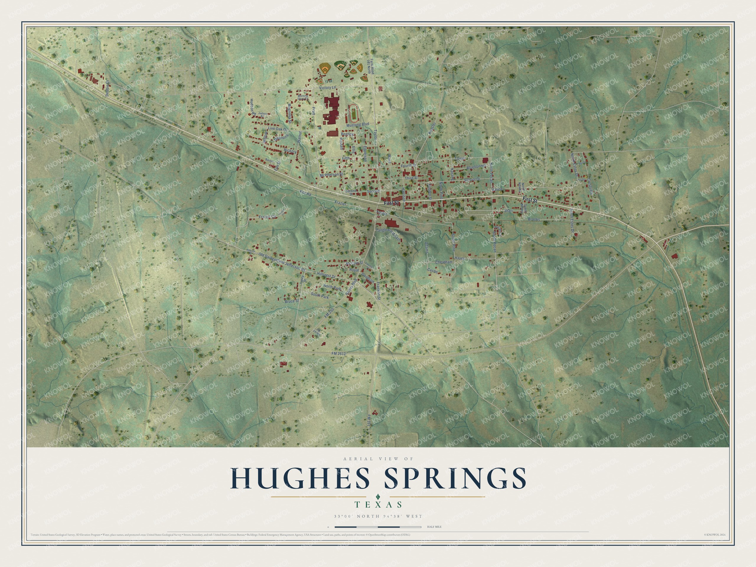 Full map of Hughes Springs, Texas, with red buildings, printed street names and the land around them