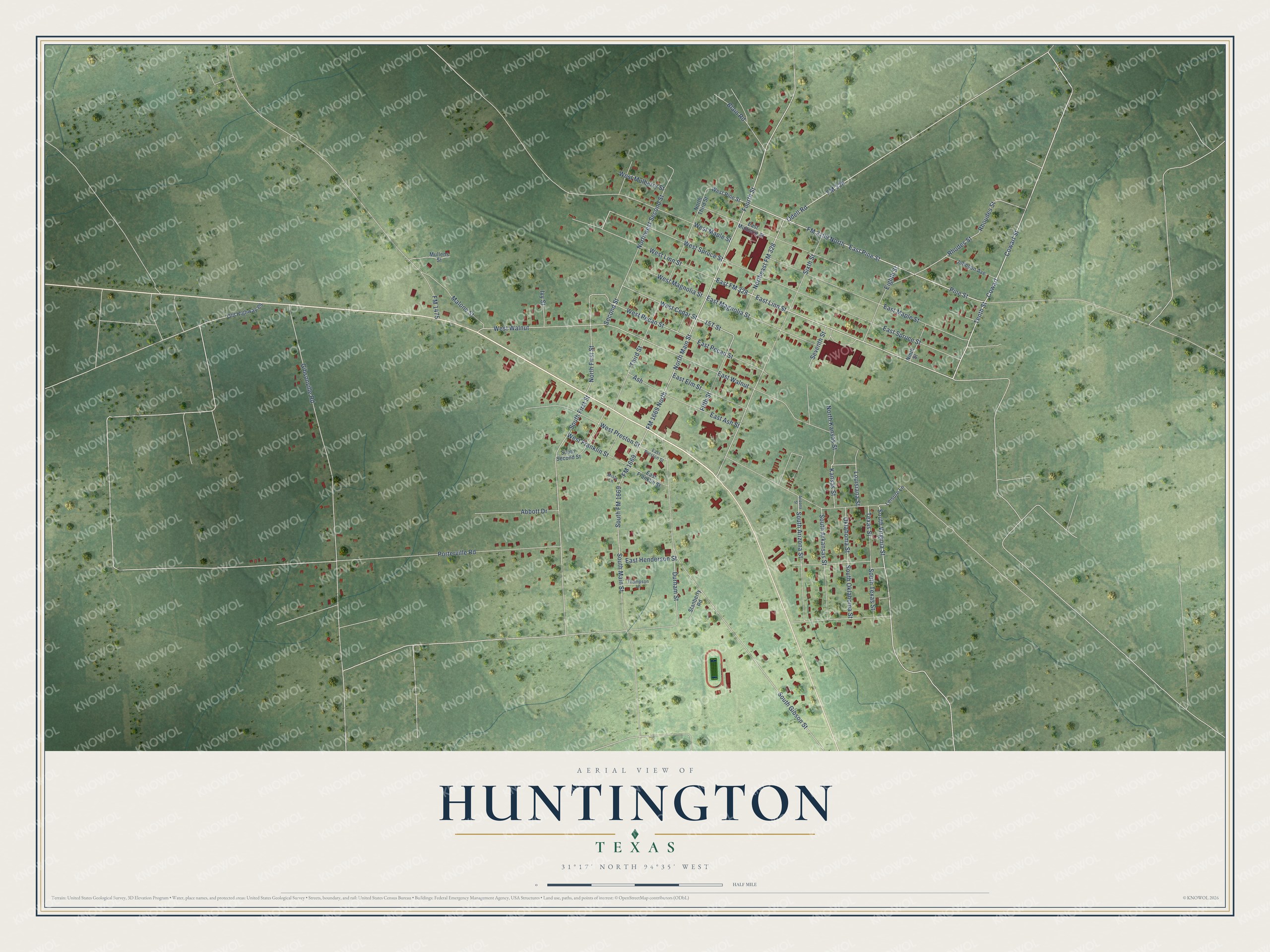 Full map of Huntington, Texas, with red buildings, printed street names and the land around them
