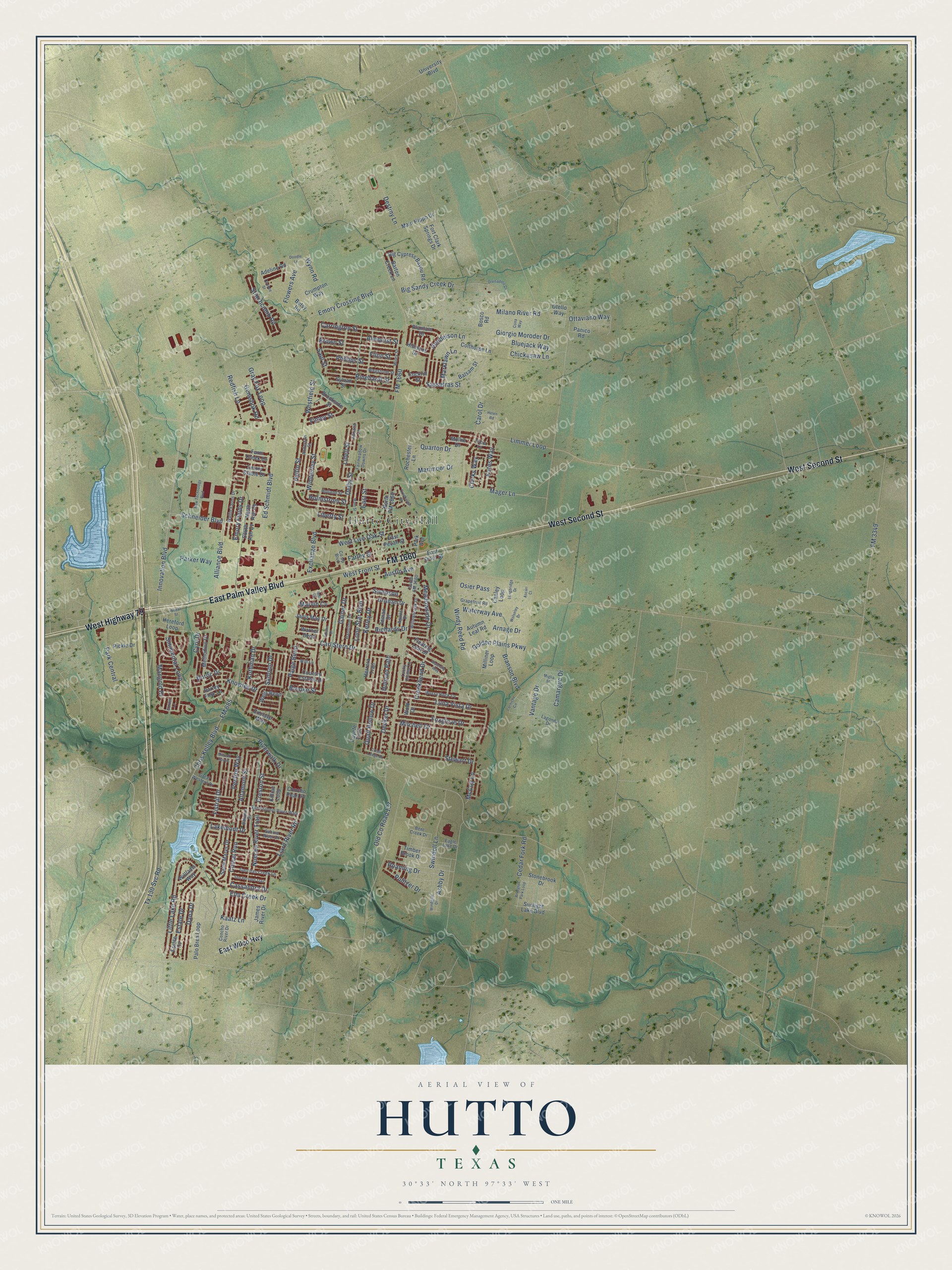 Watermarked full-map preview of Hutto, Texas