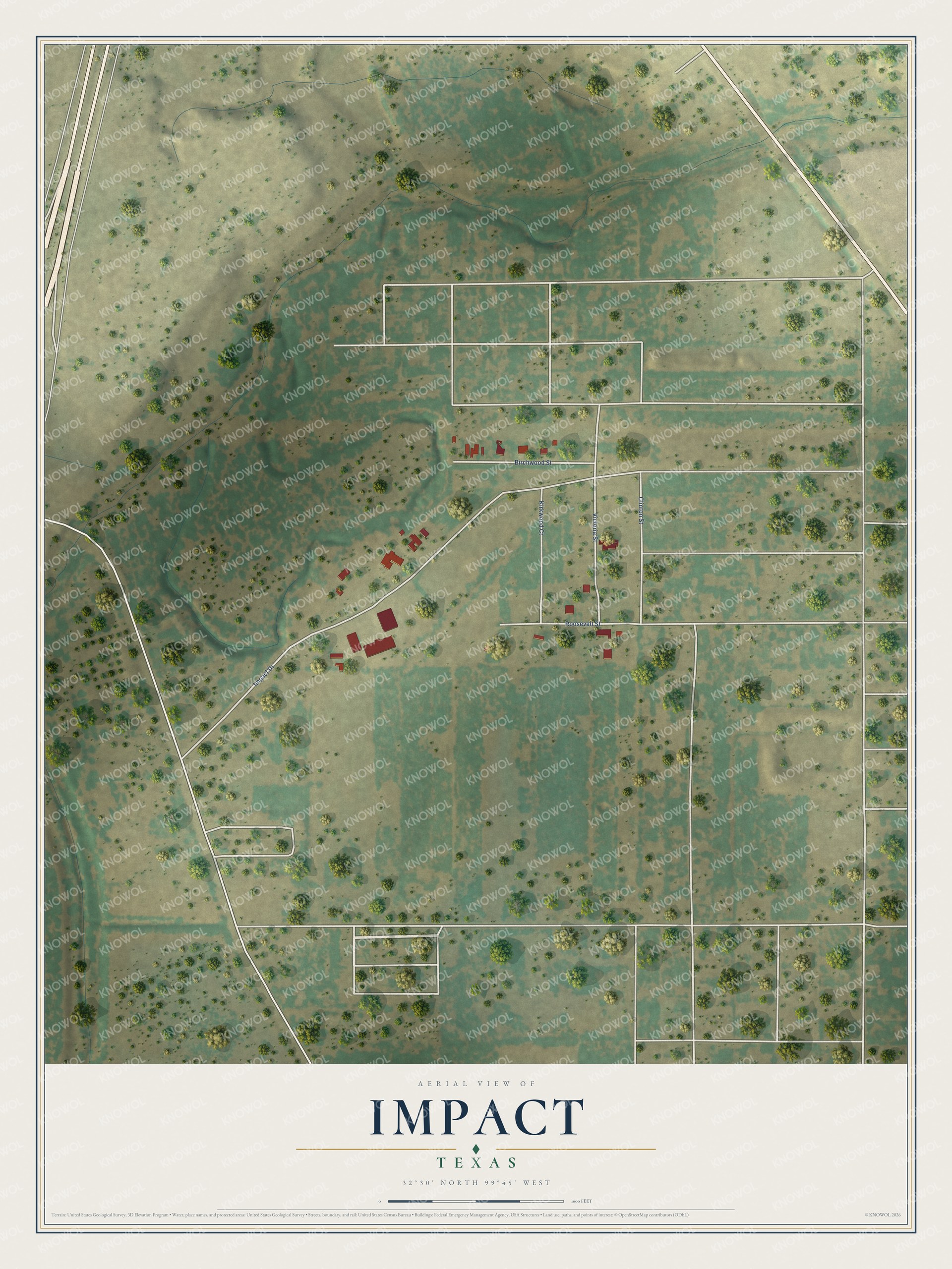 Full map of Impact, Texas, with red buildings, printed street names and the land around them