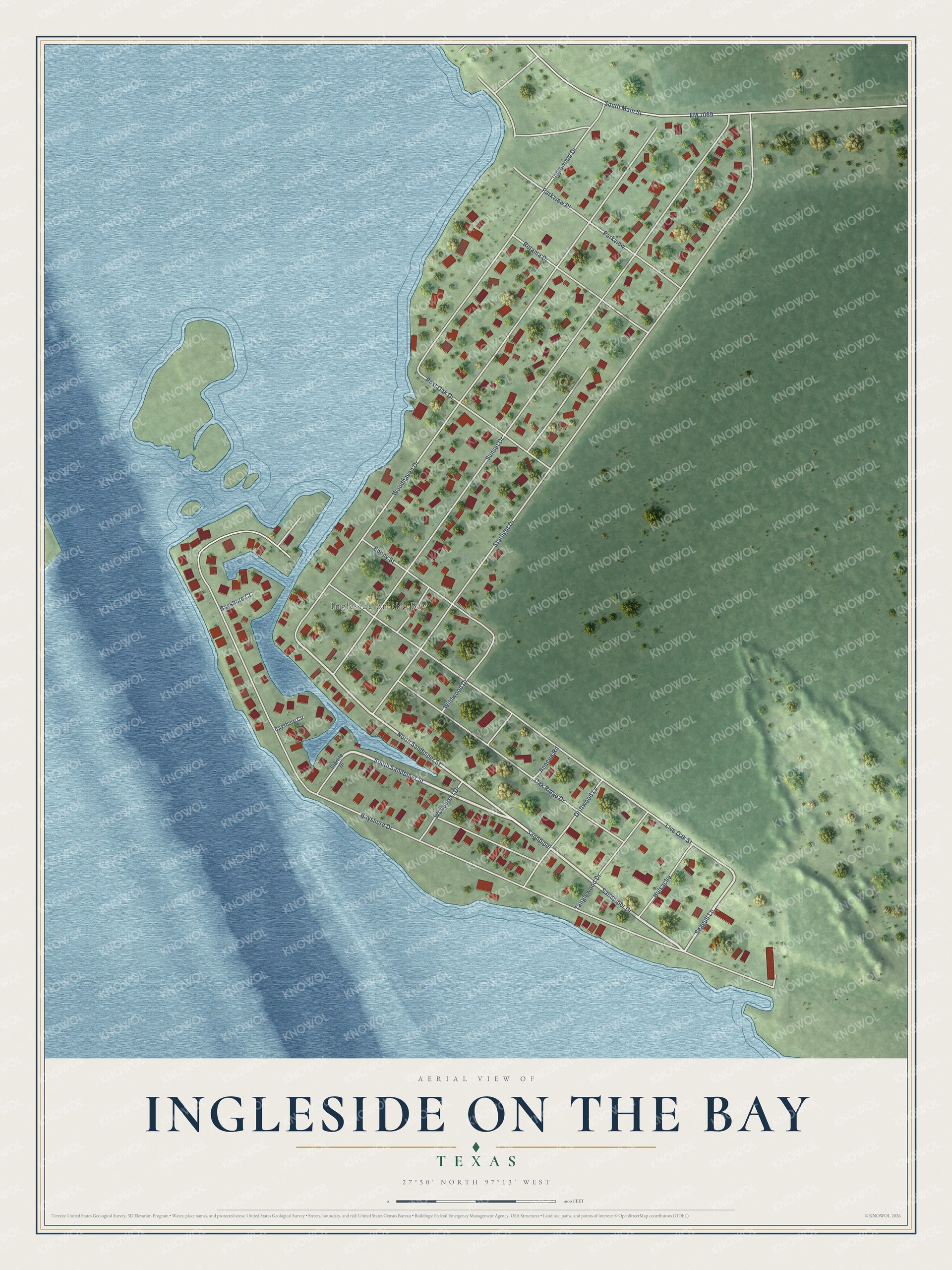 Full map of Ingleside on the Bay, Texas, with red buildings, printed street names and the land around them