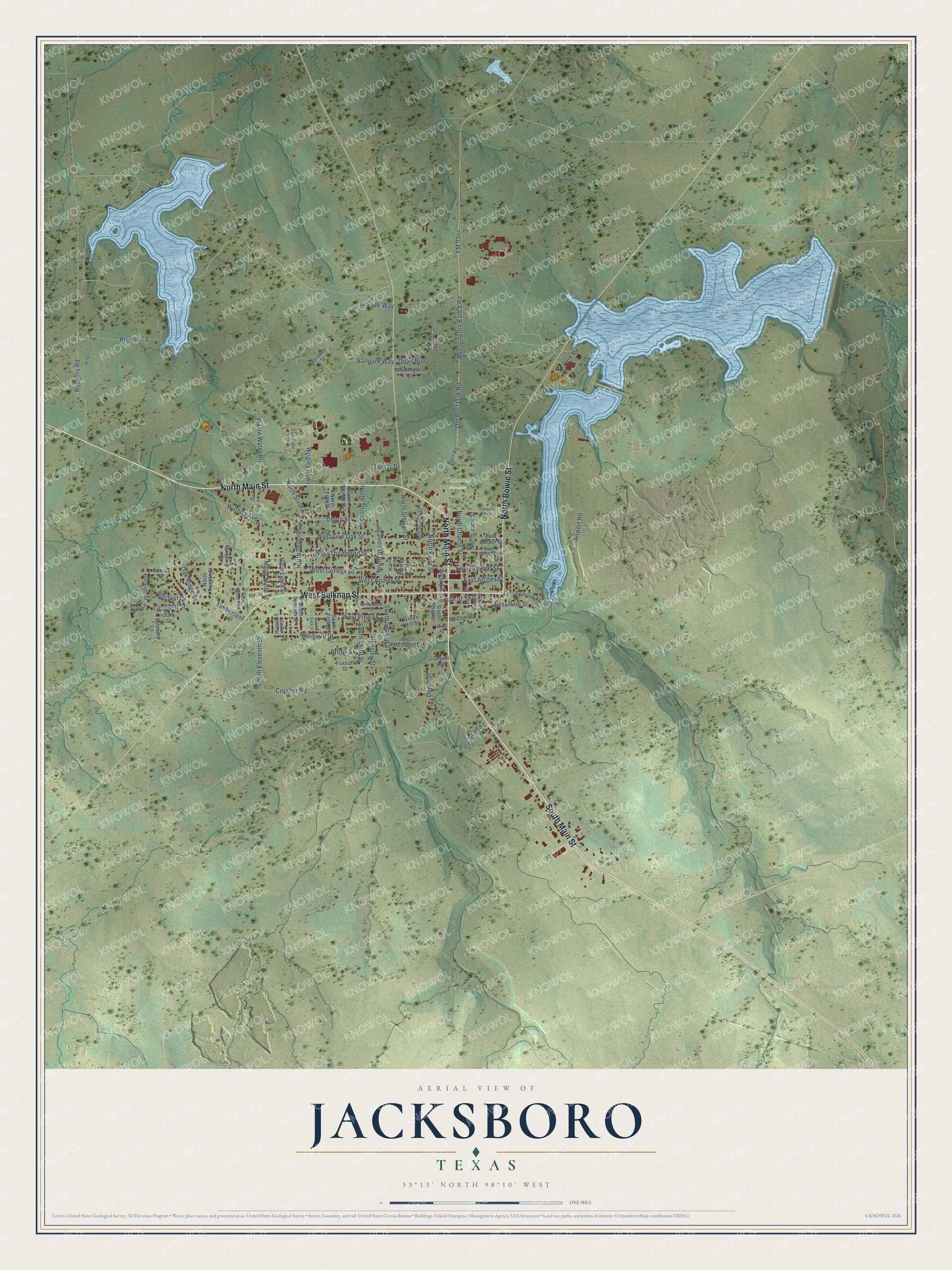 Full map of Jacksboro, Texas, with red buildings, printed street names and the land around them