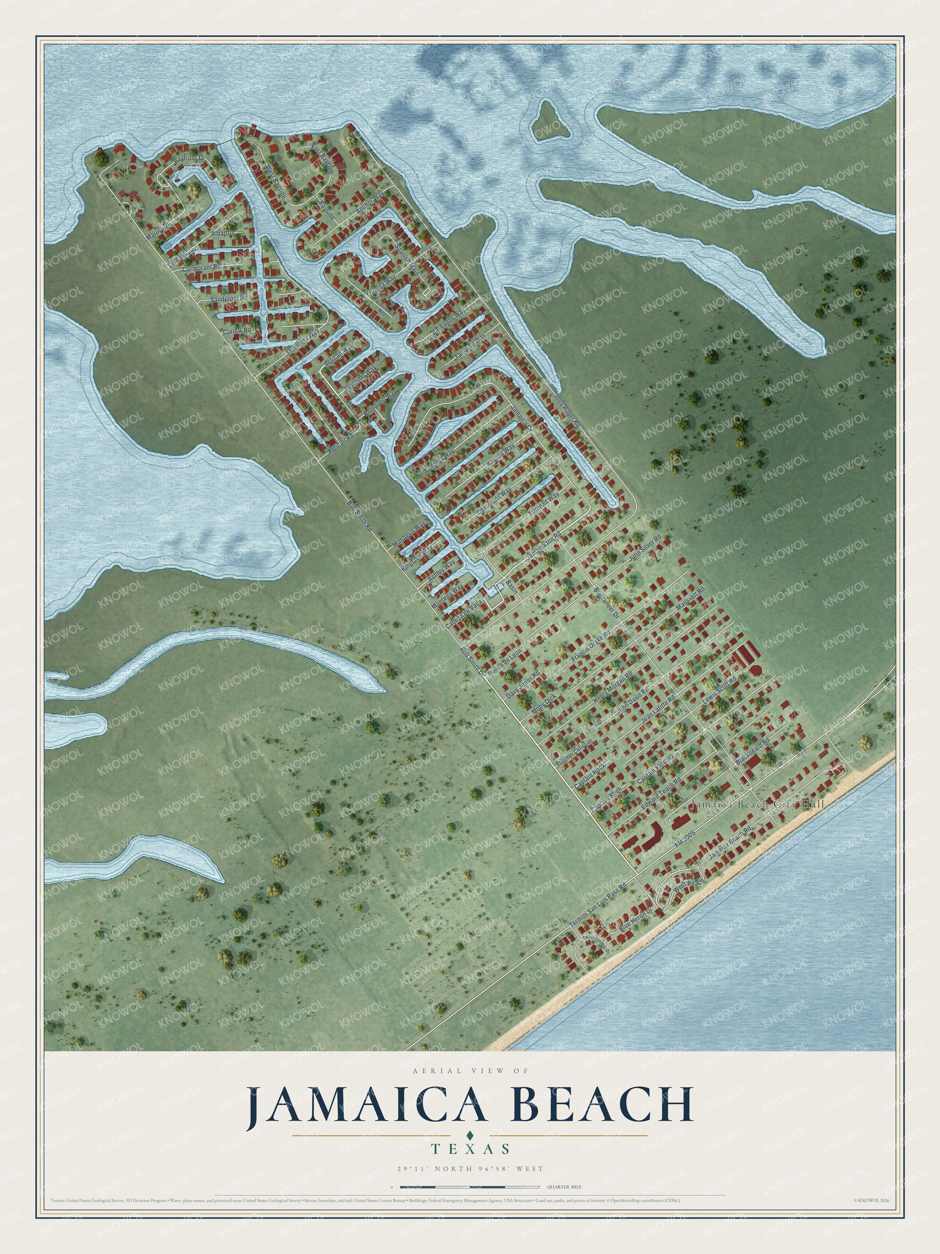 Full map of Jamaica Beach, Texas, with red buildings, printed street names and the land around them