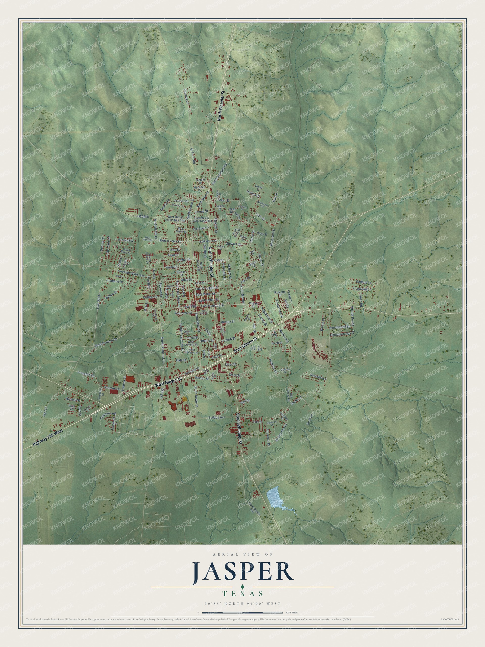 Full map of Jasper, Texas, with red buildings, printed street names and the land around them