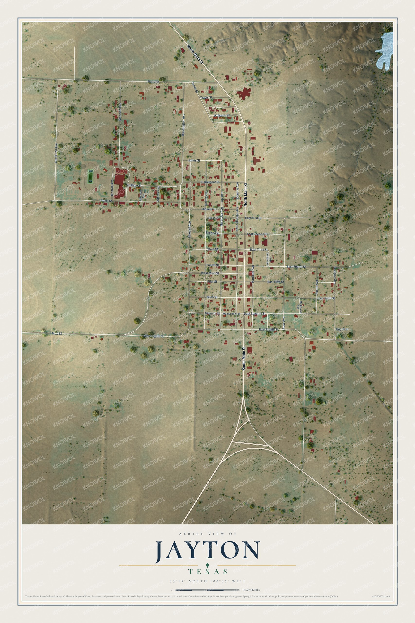 Full map of Jayton, Texas, with red buildings, printed street names and the land around them