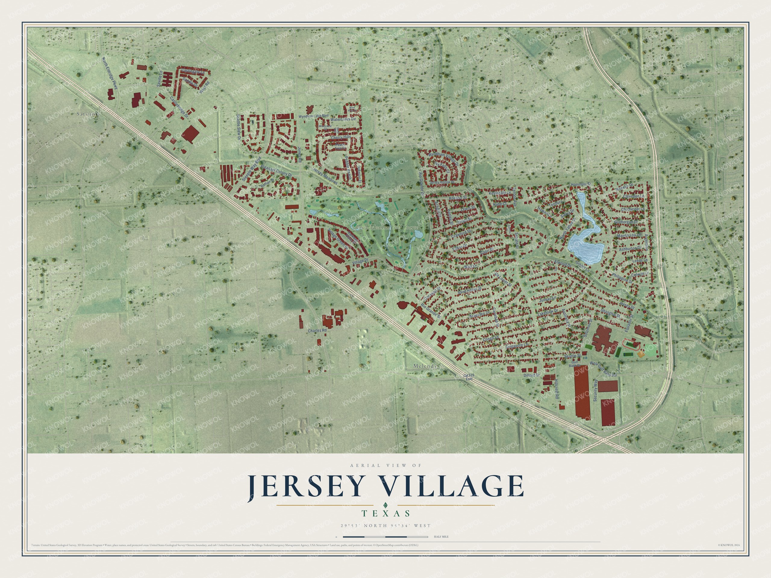 Full map of Jersey Village, Texas, with red buildings, printed street names and the land around them