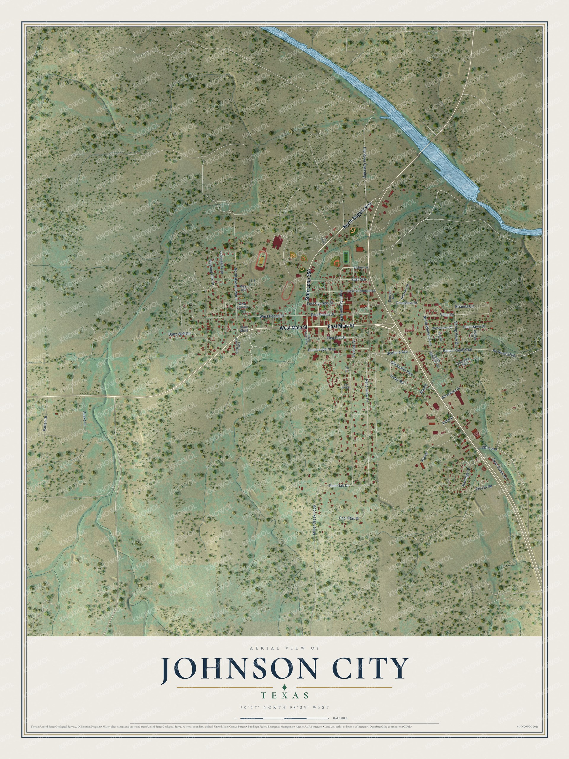 Full map of Johnson City, Texas, with red buildings, printed street names and the land around them