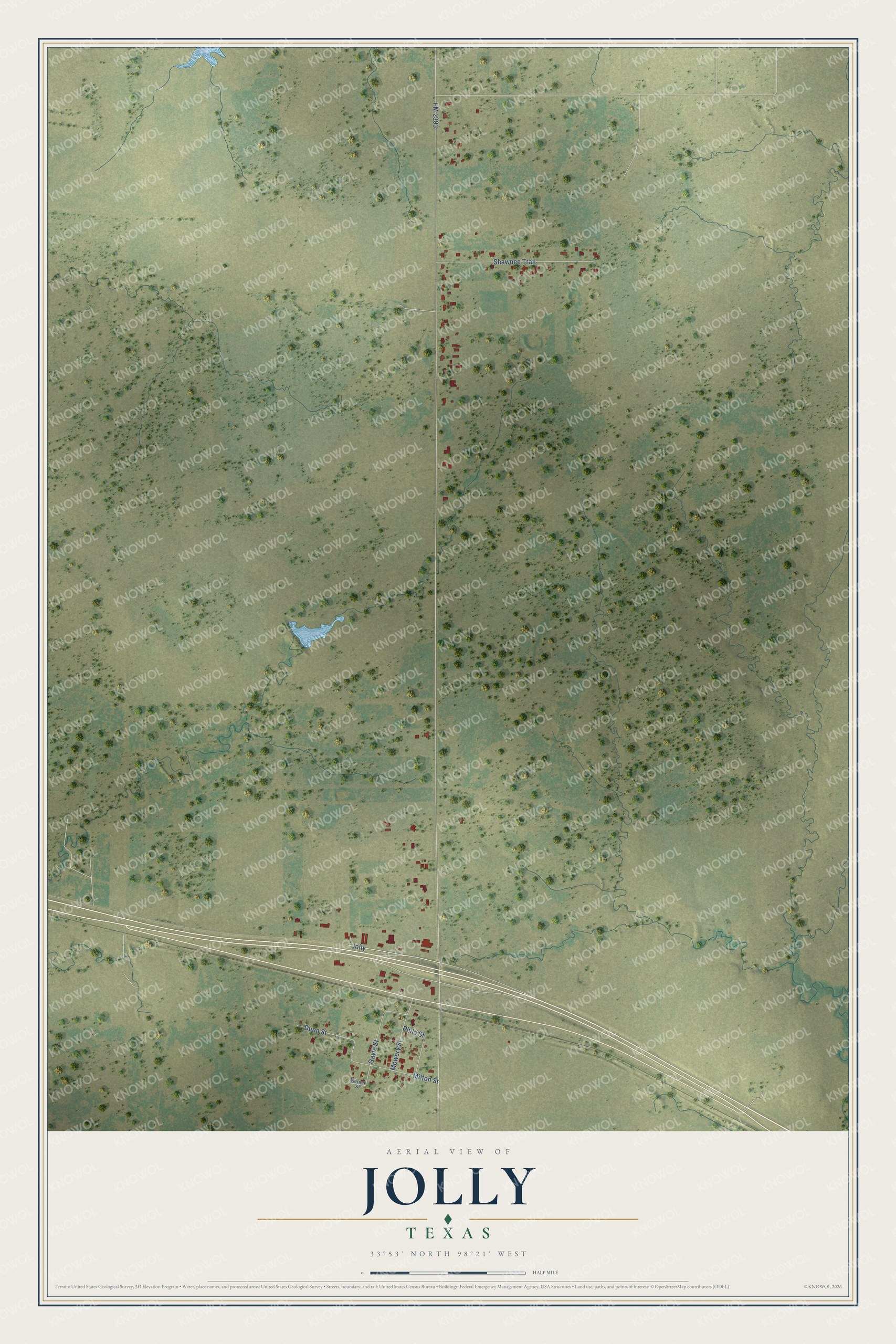 Full map of Jolly, Texas, with red buildings, printed street names and the land around them