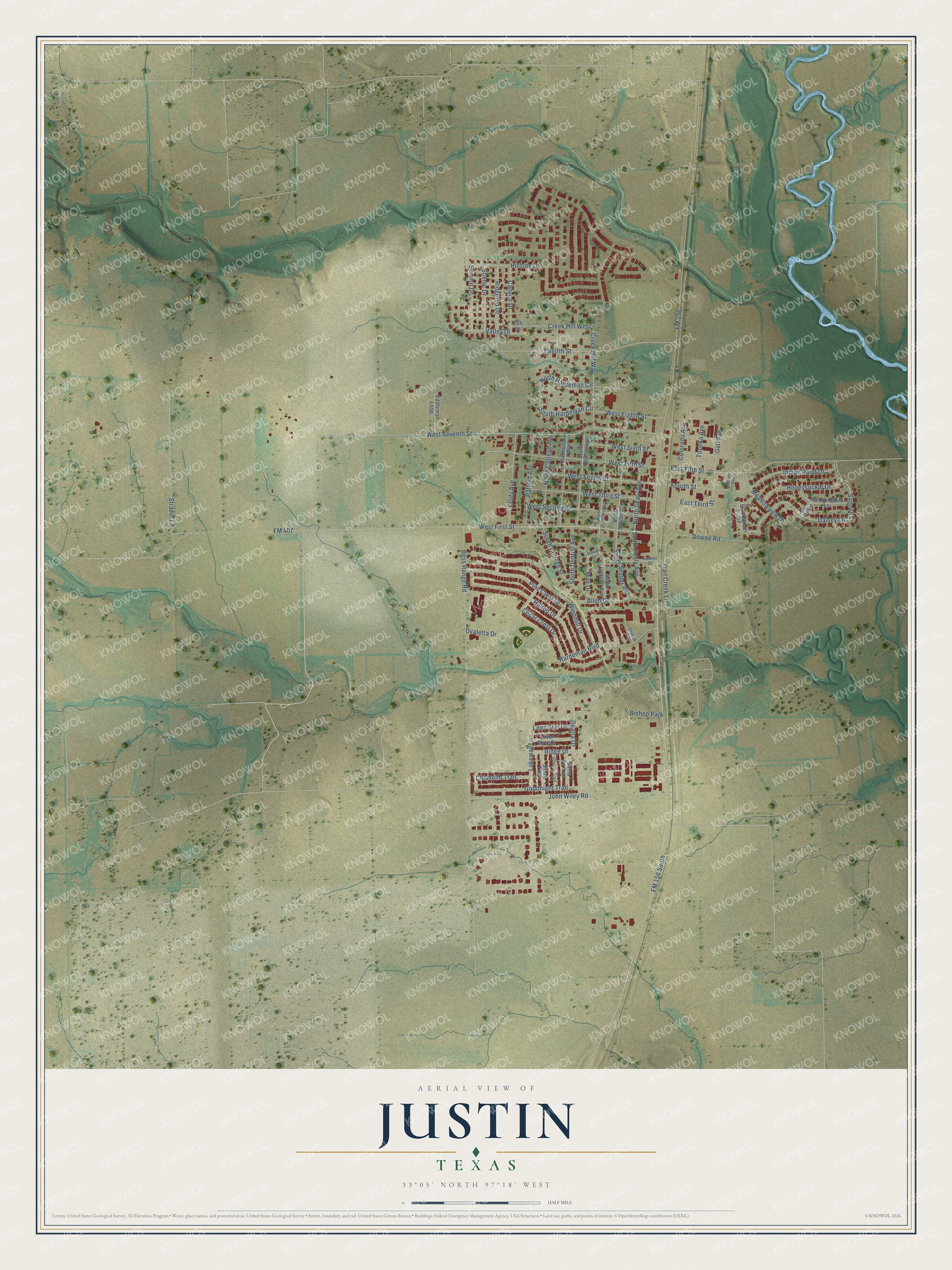 Full map of Justin, Texas, with red buildings, printed street names and the land around them