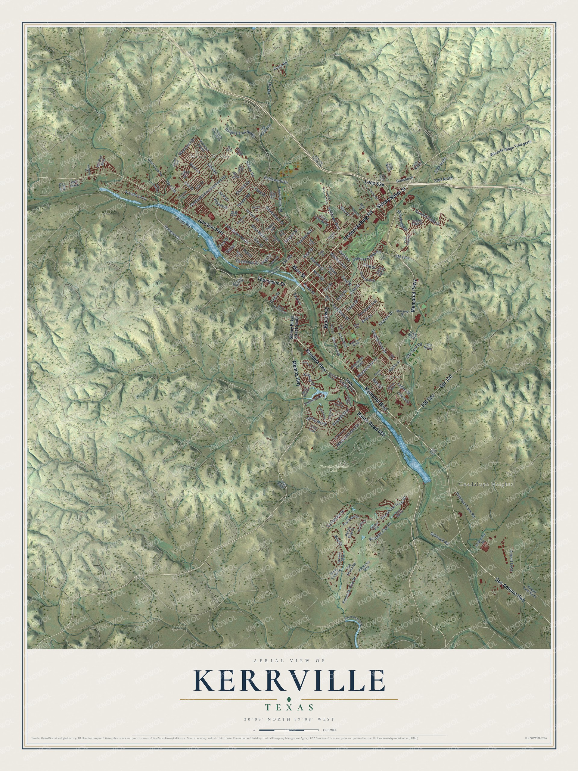 Full map of Kerrville, Texas, with red buildings, printed street names and the land around them