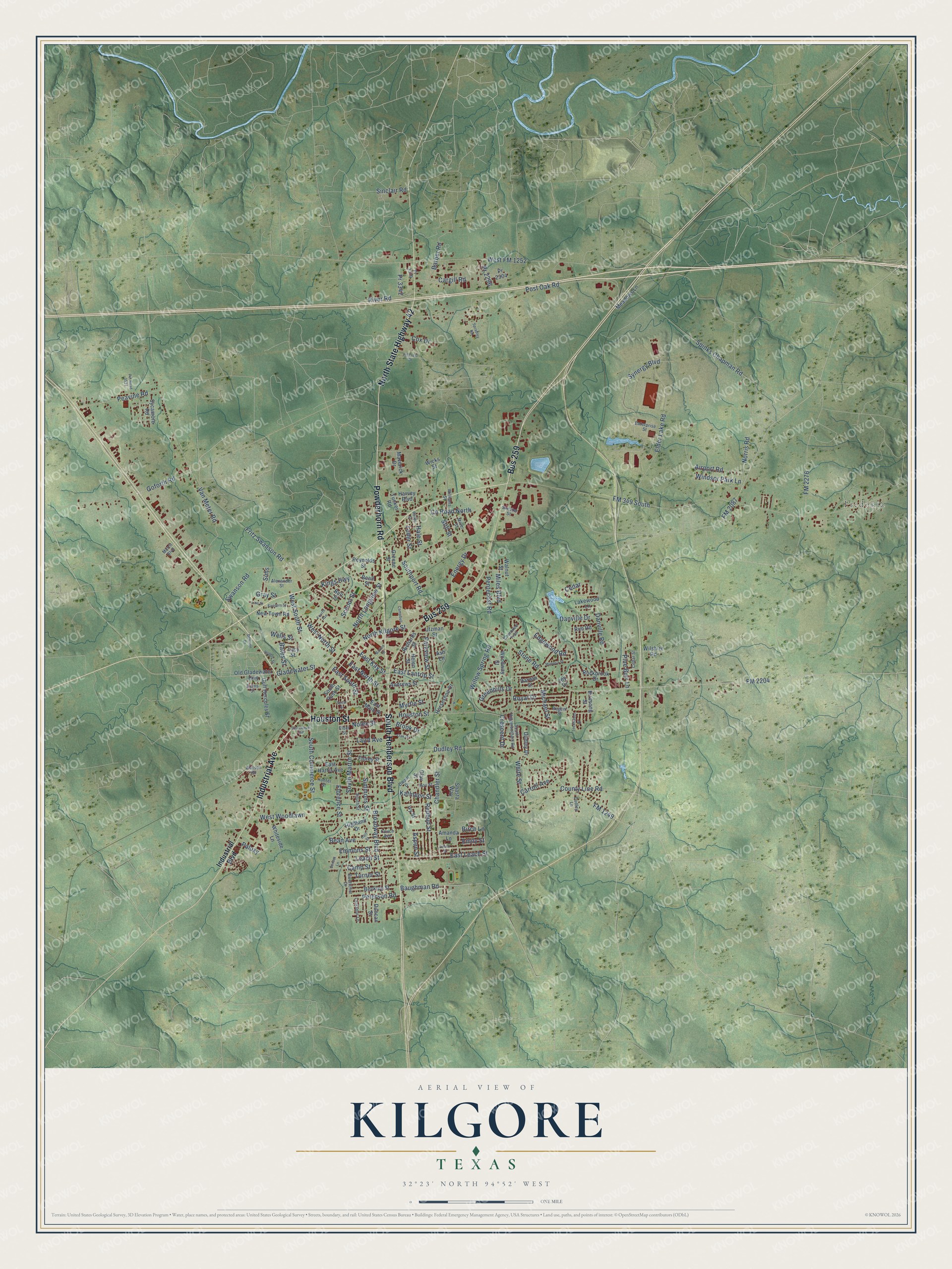 Full map of Kilgore, Texas, with red buildings, printed street names and the land around them