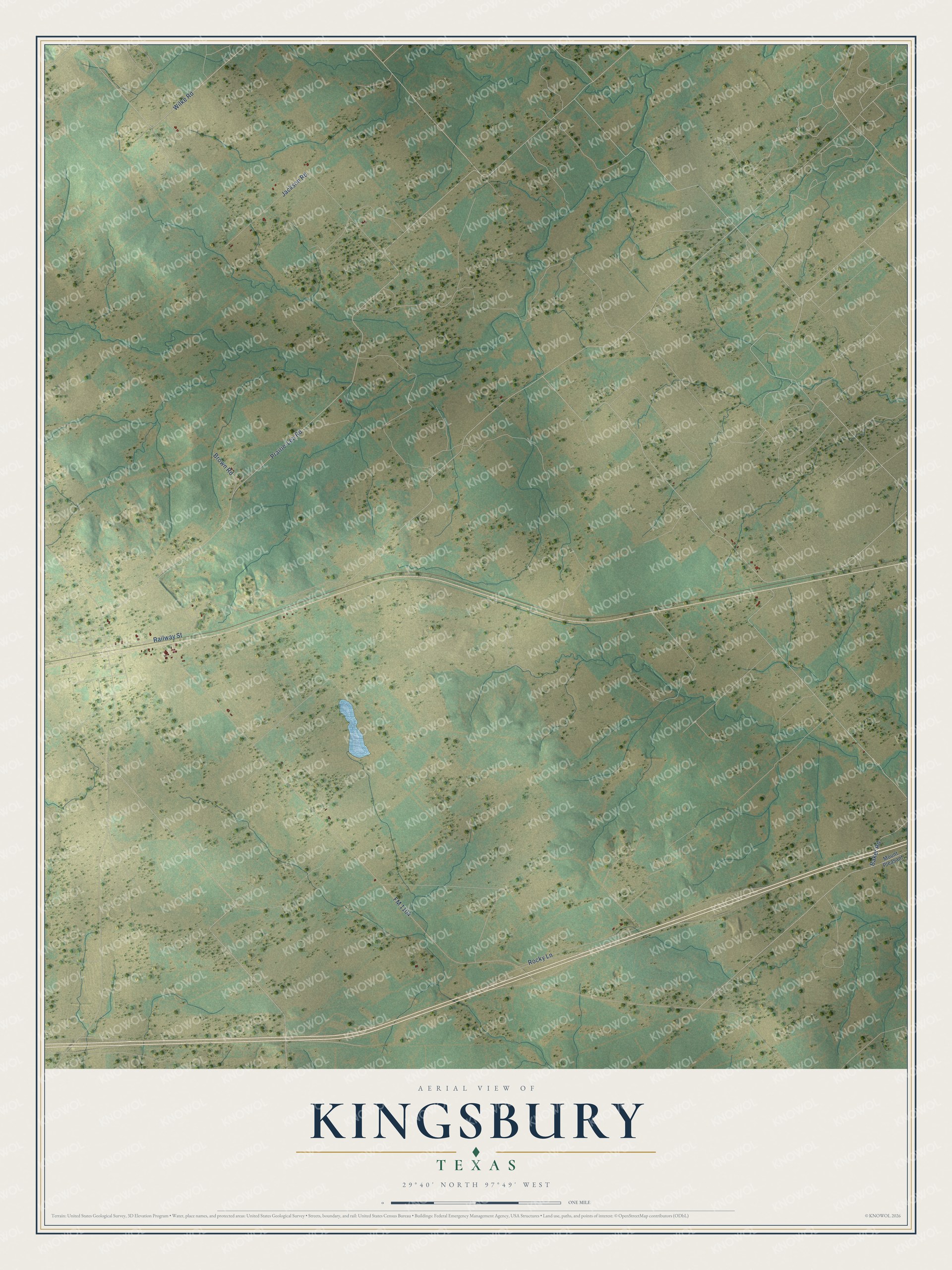 Full map of Kingsbury, Texas, with red buildings, printed street names and the land around them