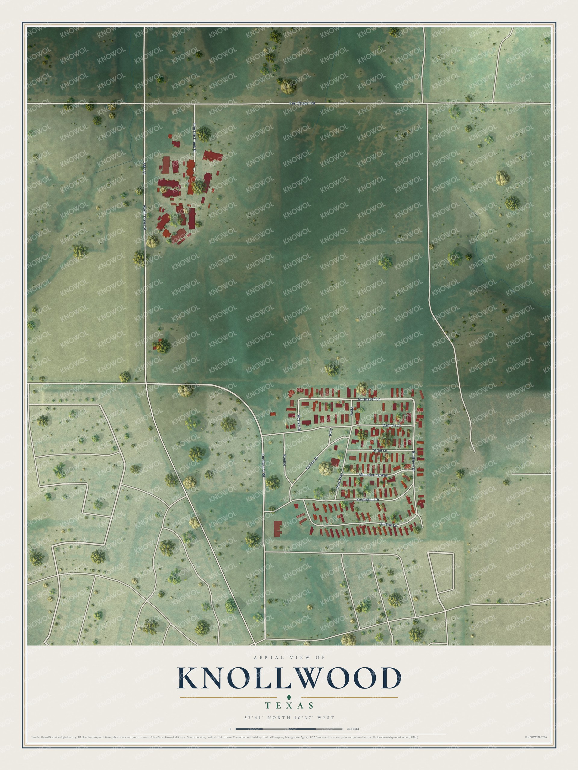 Full map of Knollwood, Texas, with red buildings, printed street names and the land around them