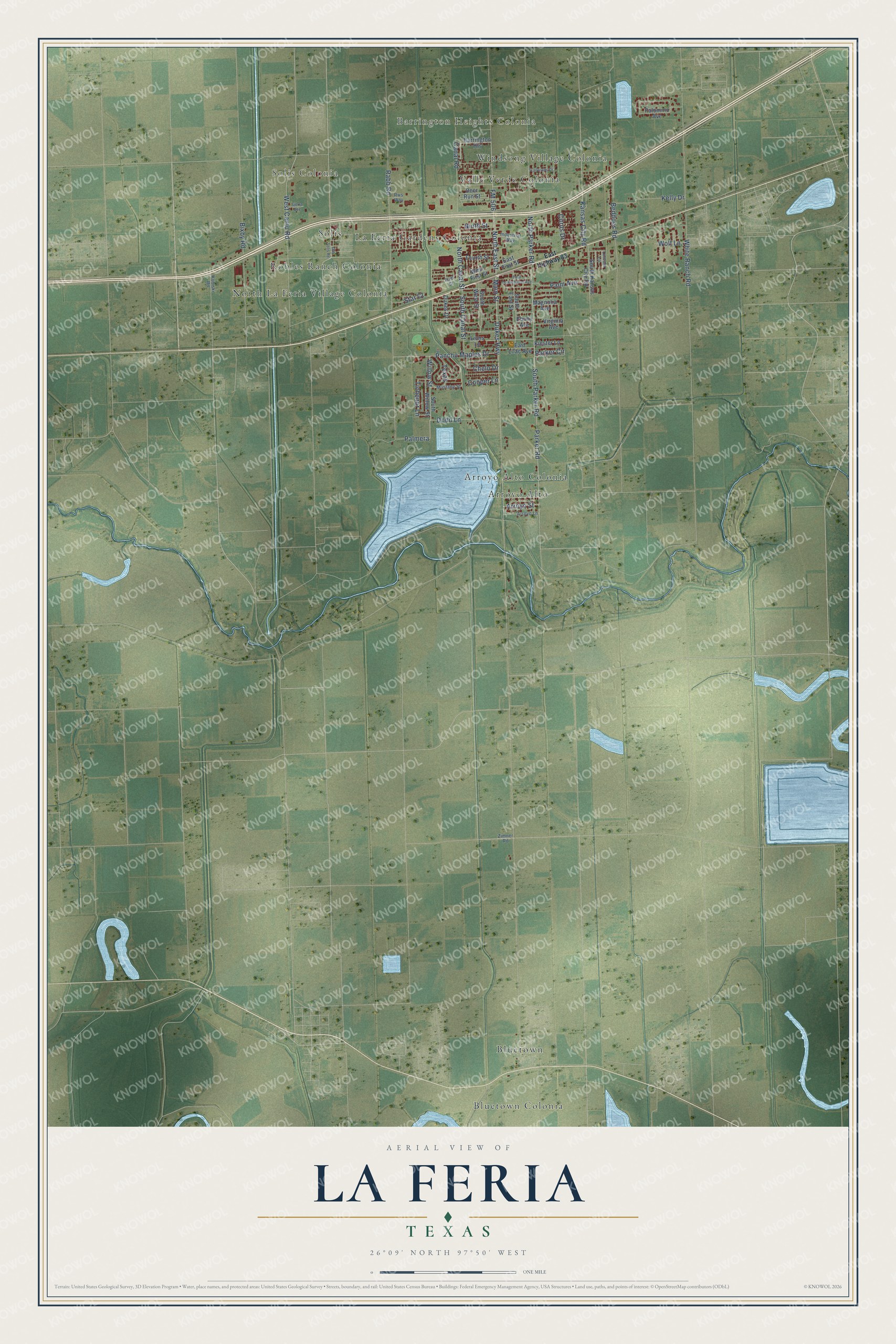 Full map of La Feria, Texas, with red buildings, printed street names and the land around them