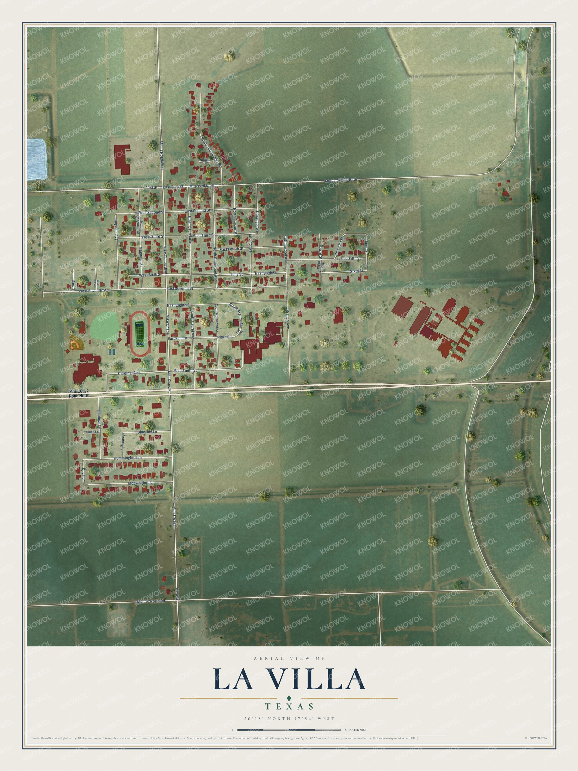 Full map of La Villa, Texas, with red buildings, printed street names and the land around them