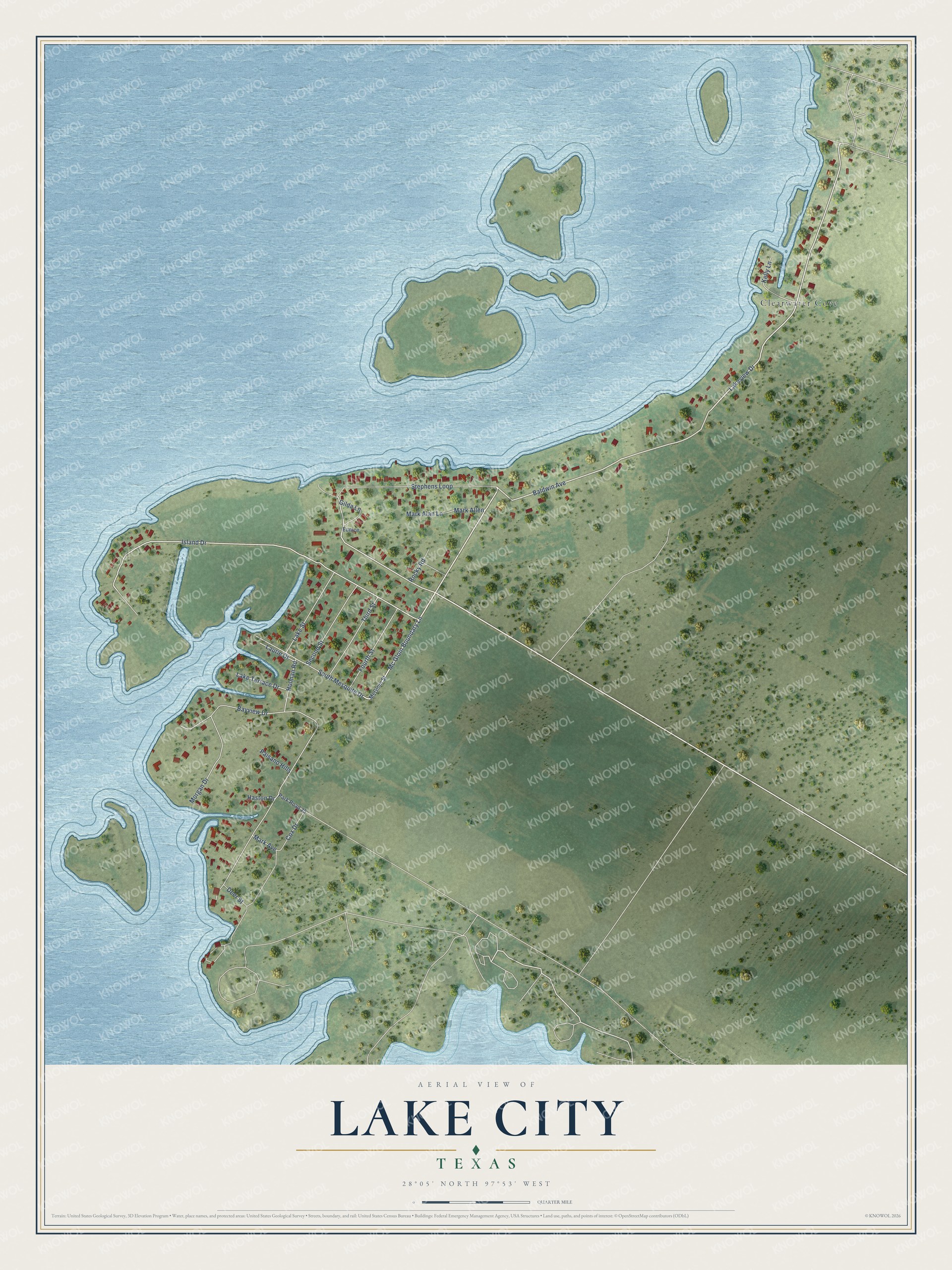 Full map of Lake City, Texas, with red buildings, printed street names and the land around them