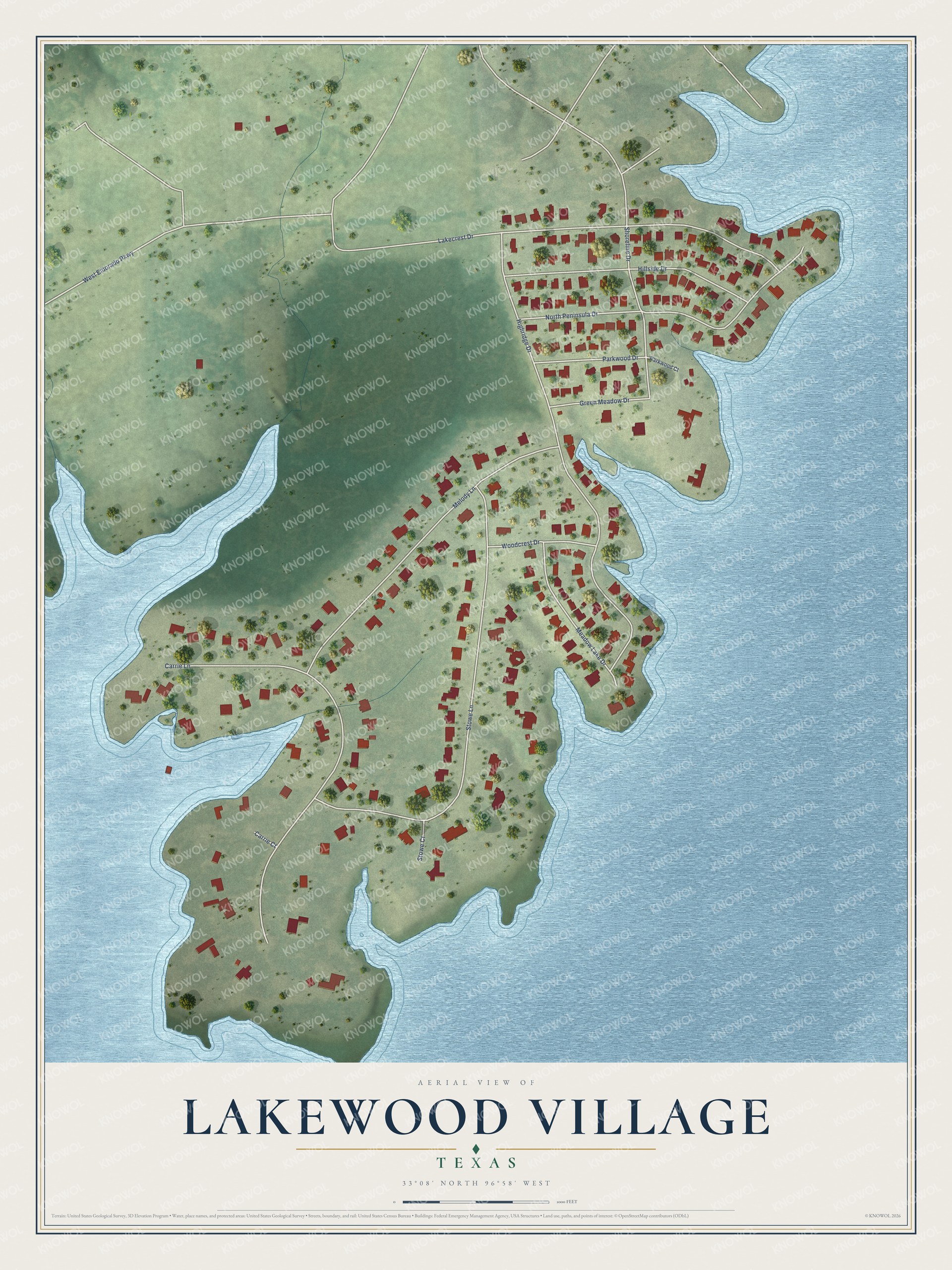 Full map of Lakewood Village, Texas, with red buildings, printed street names and the land around them