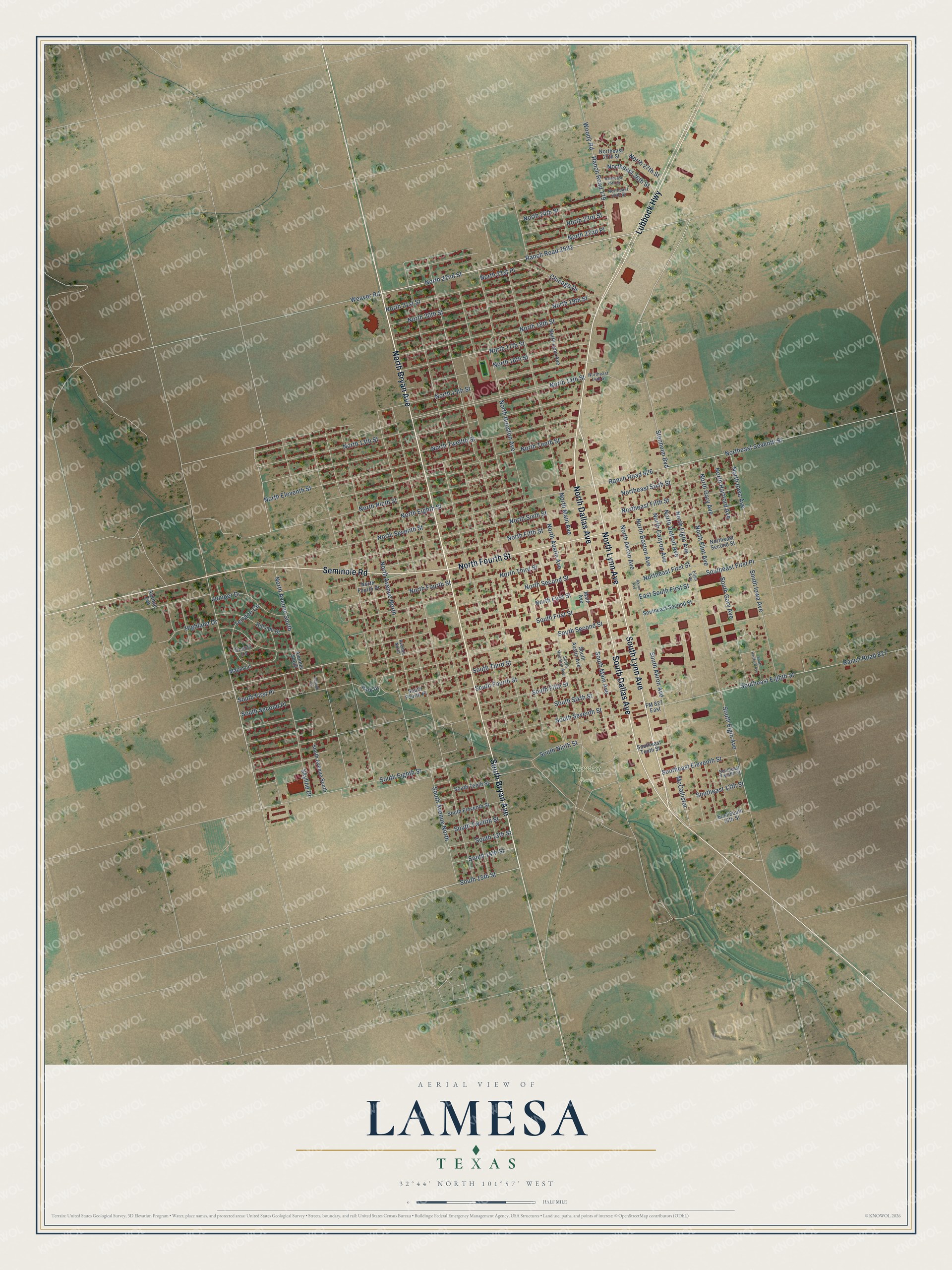 Full map of Lamesa, Texas, with red buildings, printed street names and the land around them