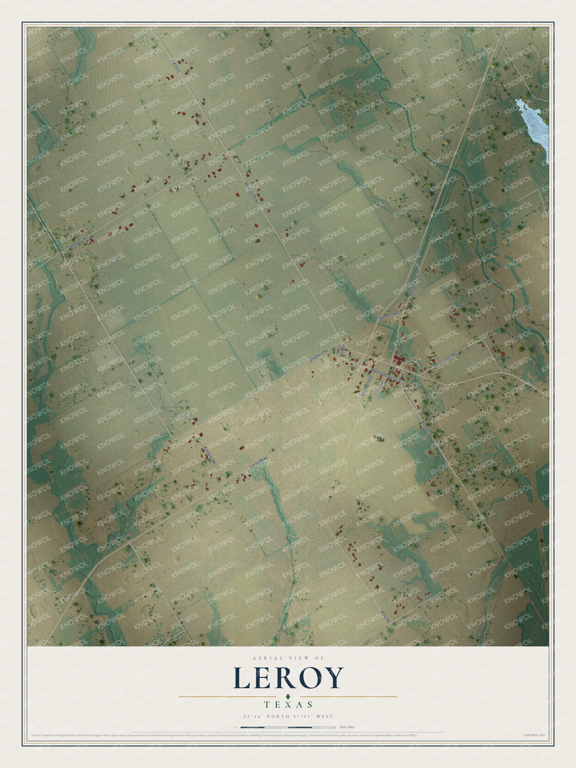 Full map of Leroy, Texas, with red buildings, printed street names and the land around them
