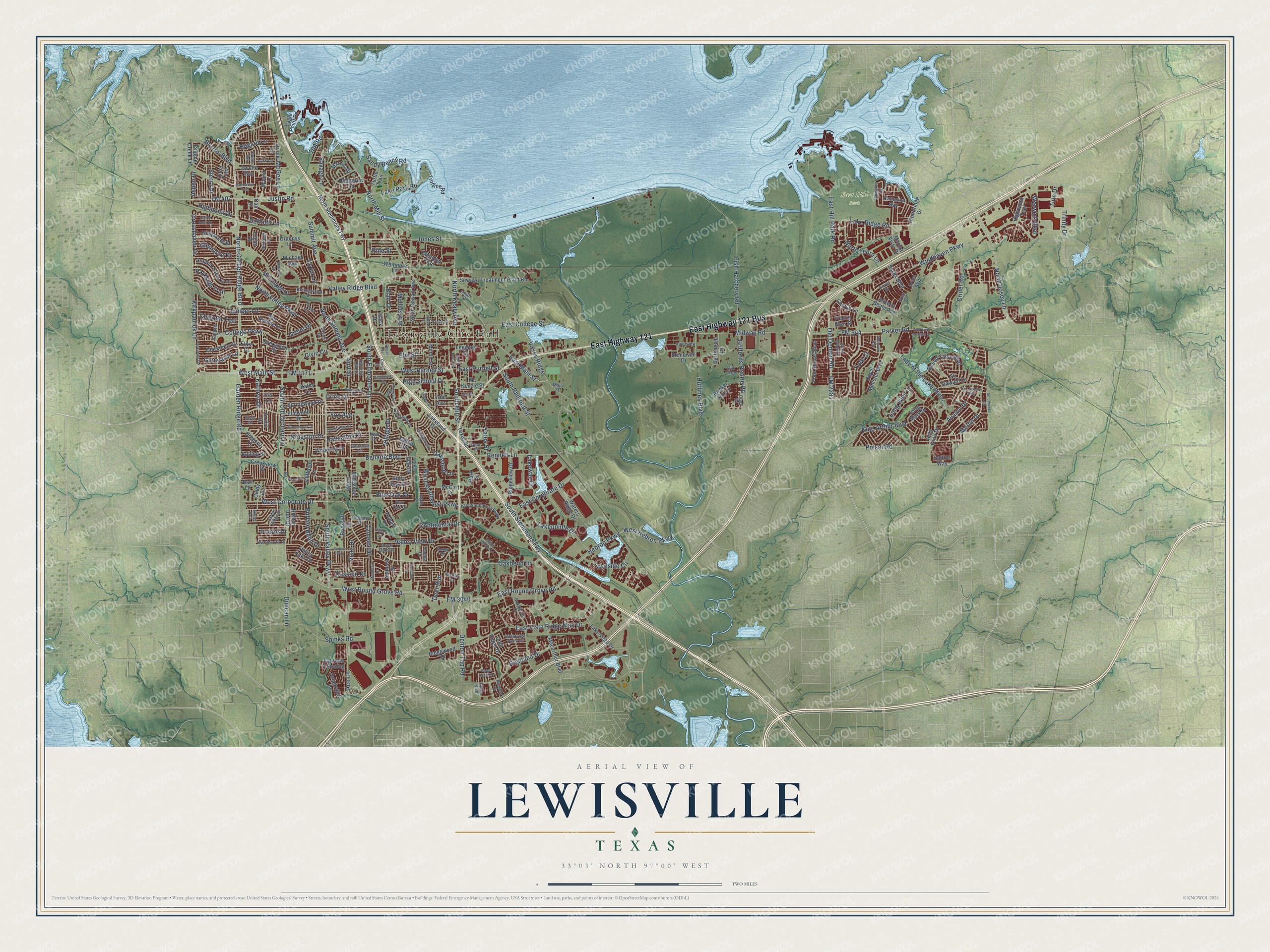 Full map of Lewisville, Texas, with red buildings, printed street names and the land around them