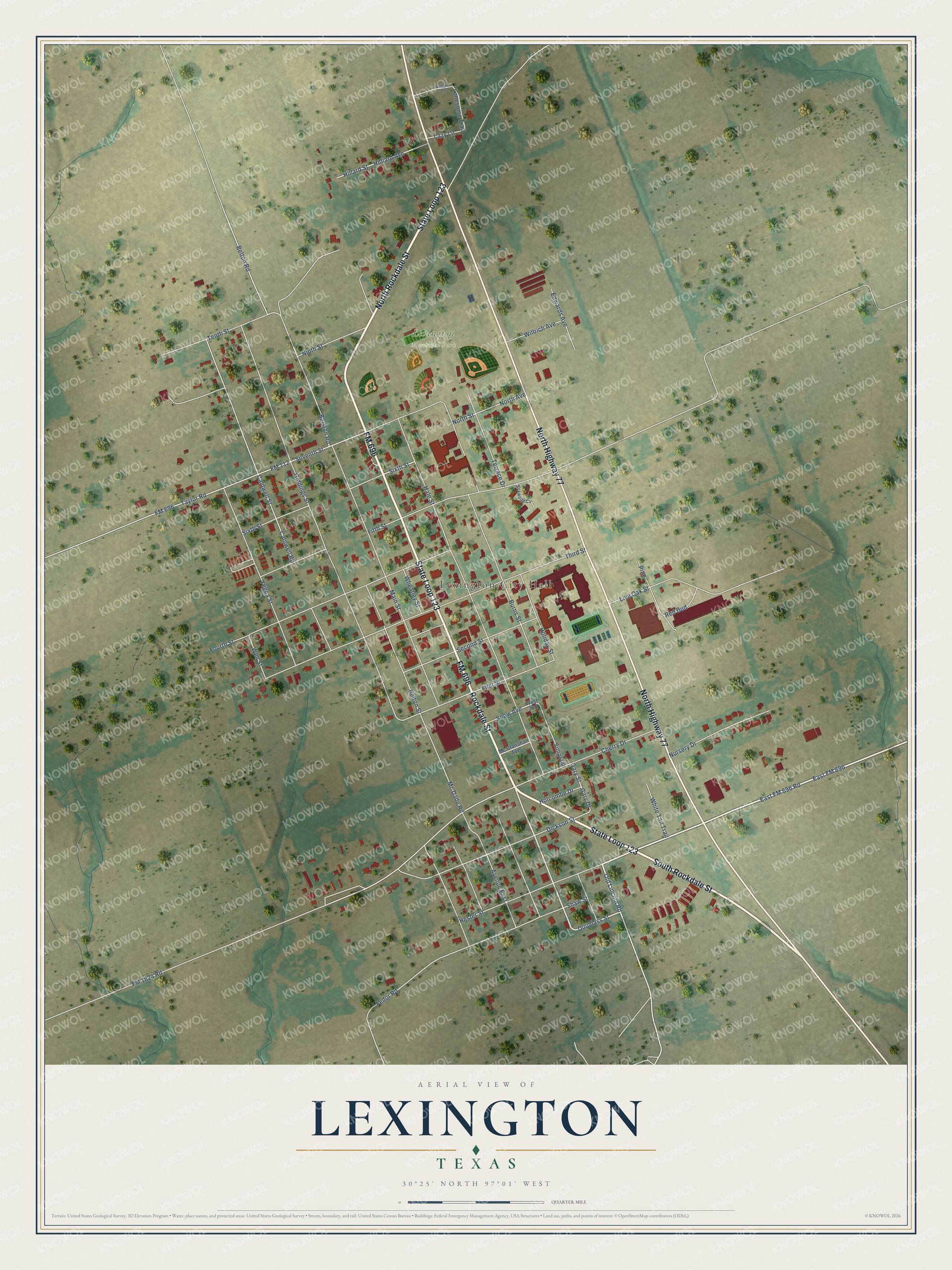Full map of Lexington, Texas, with red buildings, printed street names and the land around them