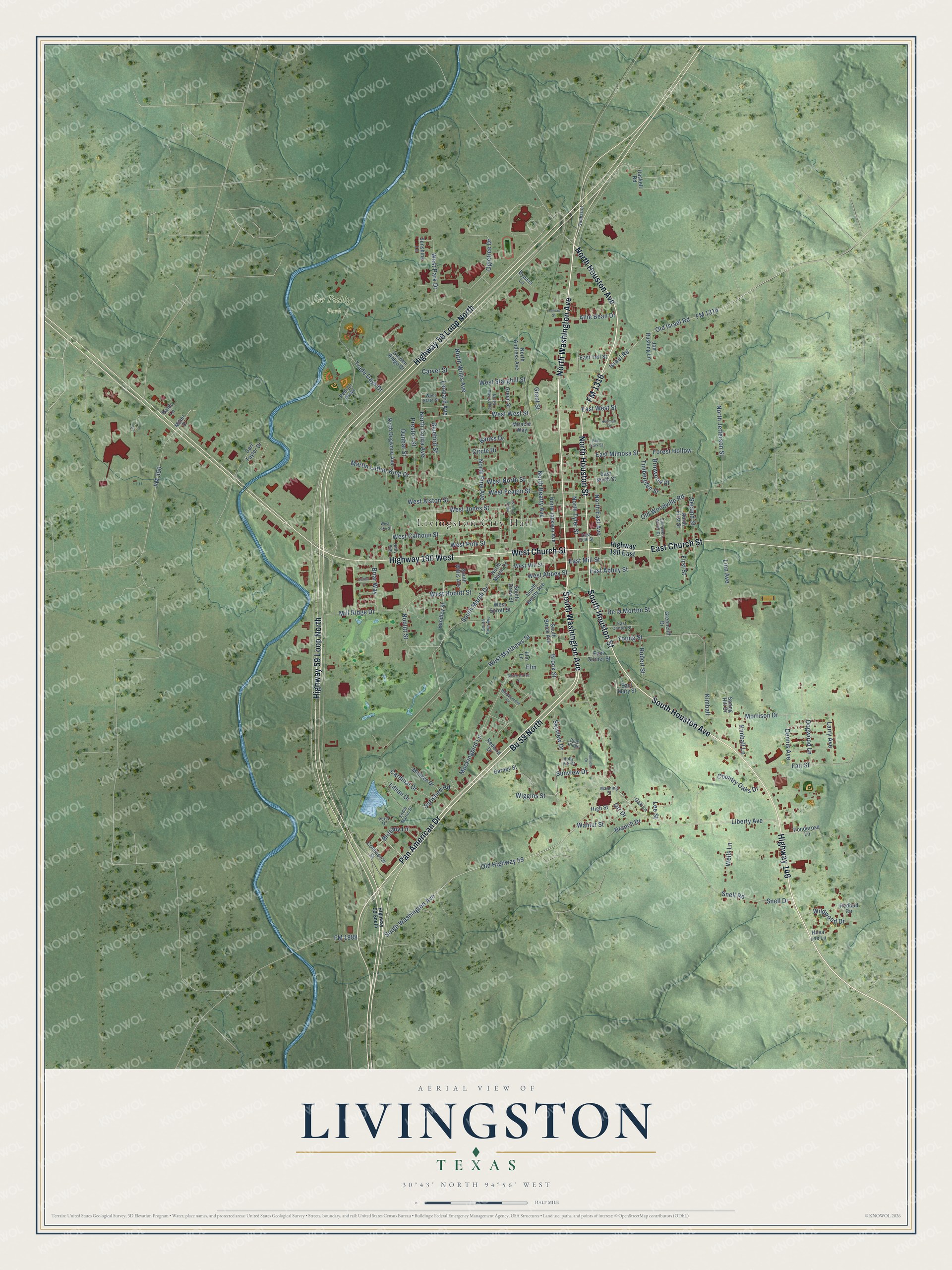 Full map of Livingston, Texas, with red buildings, printed street names and the land around them