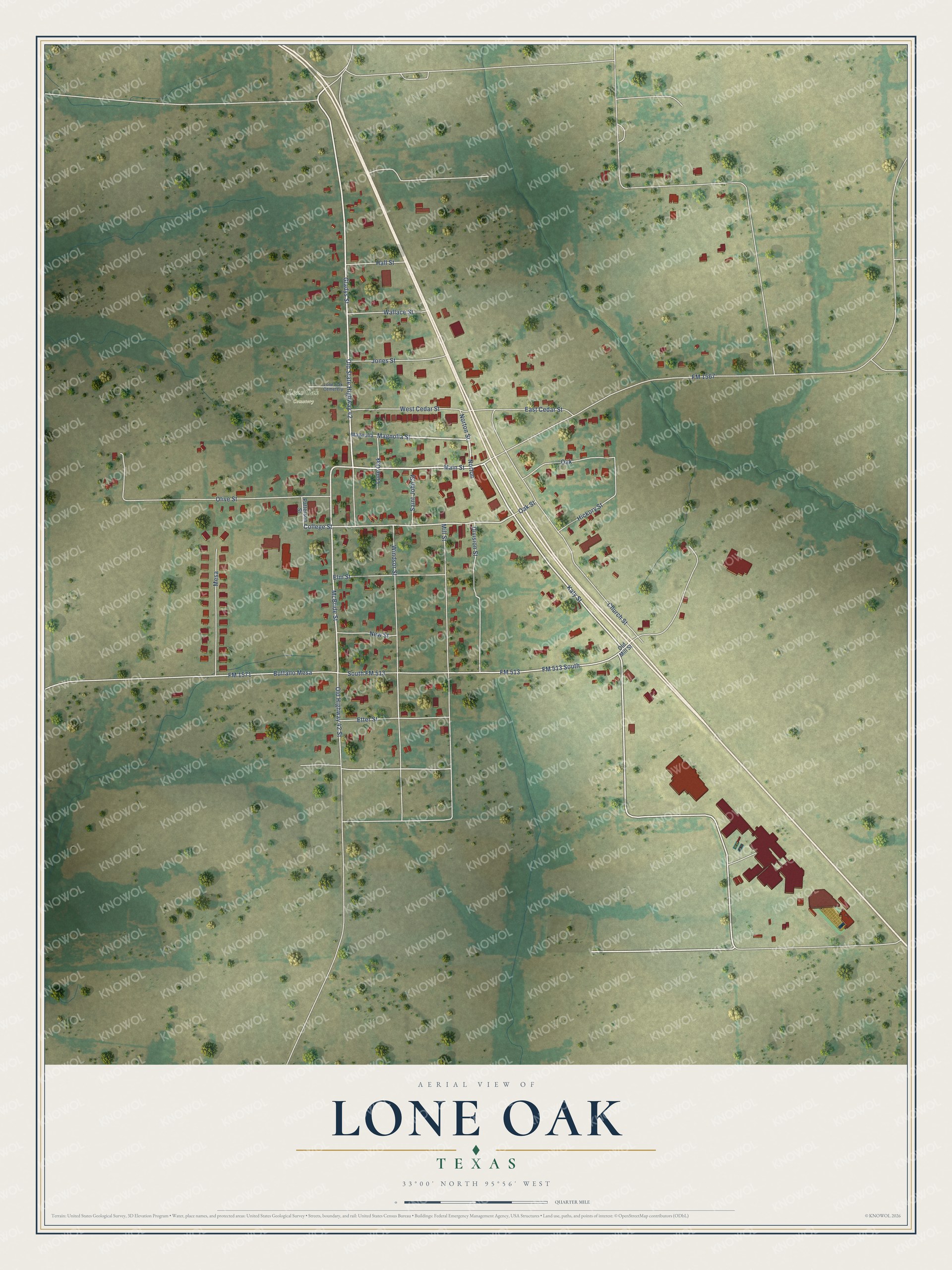 Full map of Lone Oak, Texas, with red buildings, printed street names and the land around them
