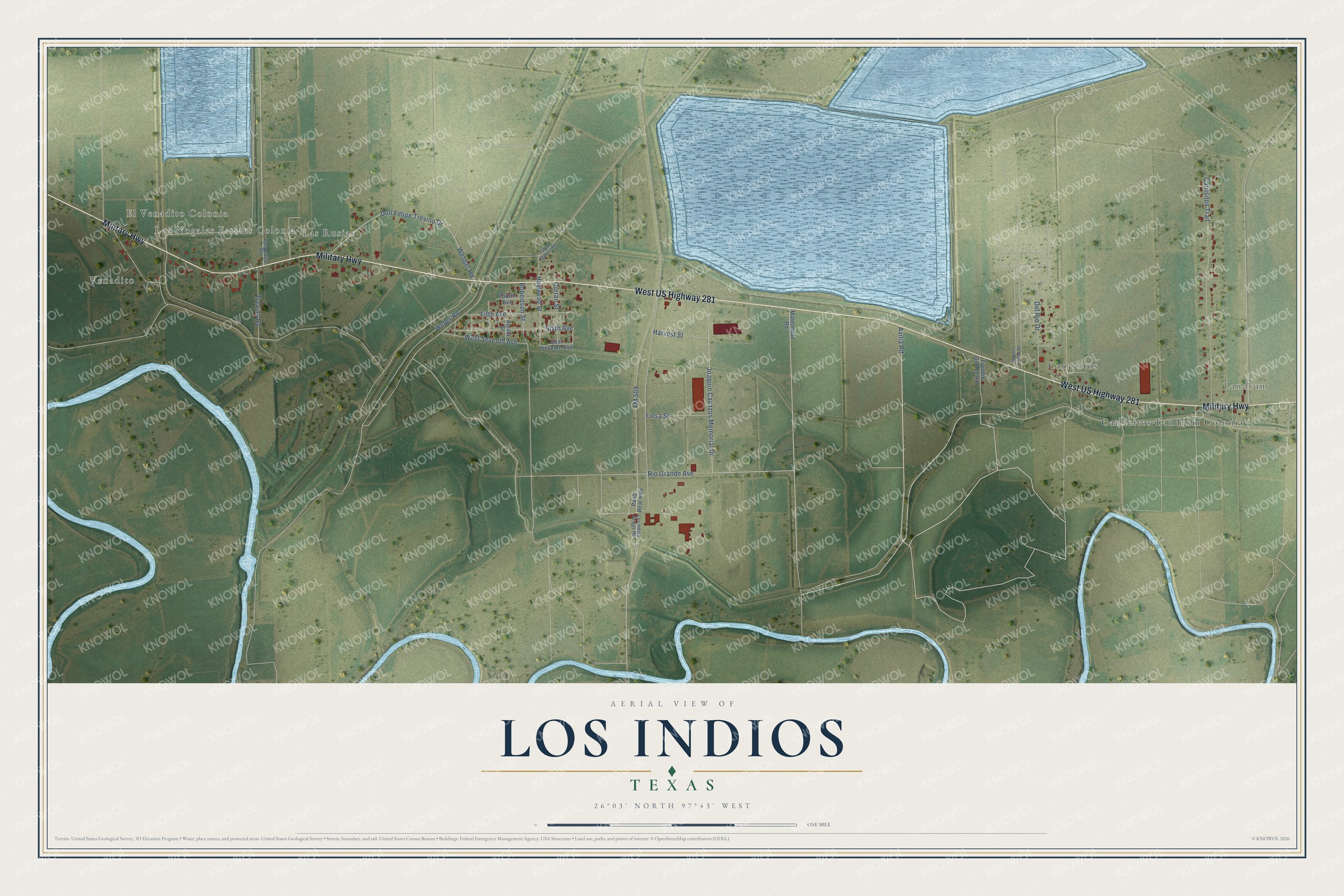 Full map of Los Indios, Texas, with red buildings, printed street names and the land around them
