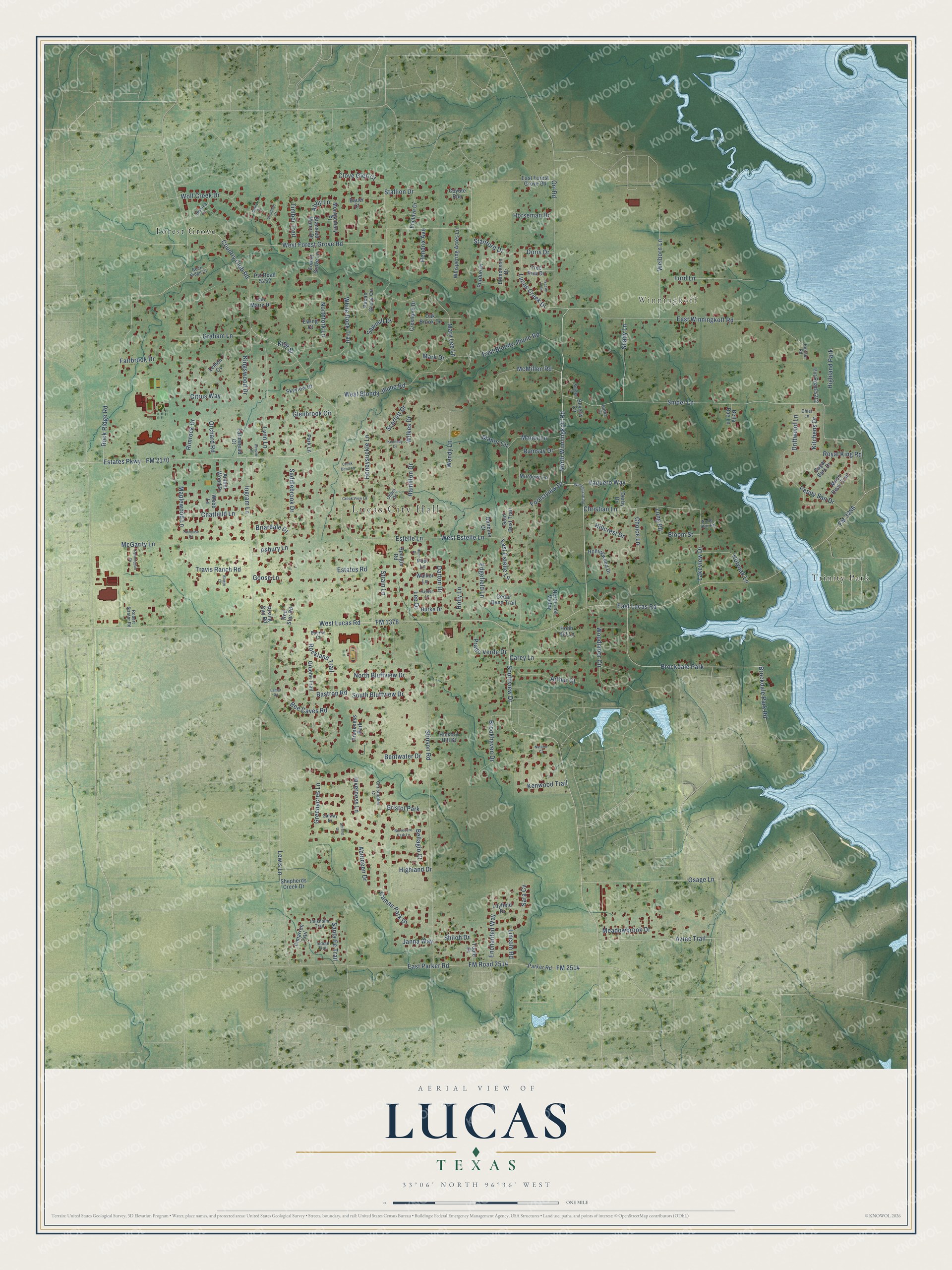 Full map of Lucas, Texas, with red buildings, printed street names and the land around them