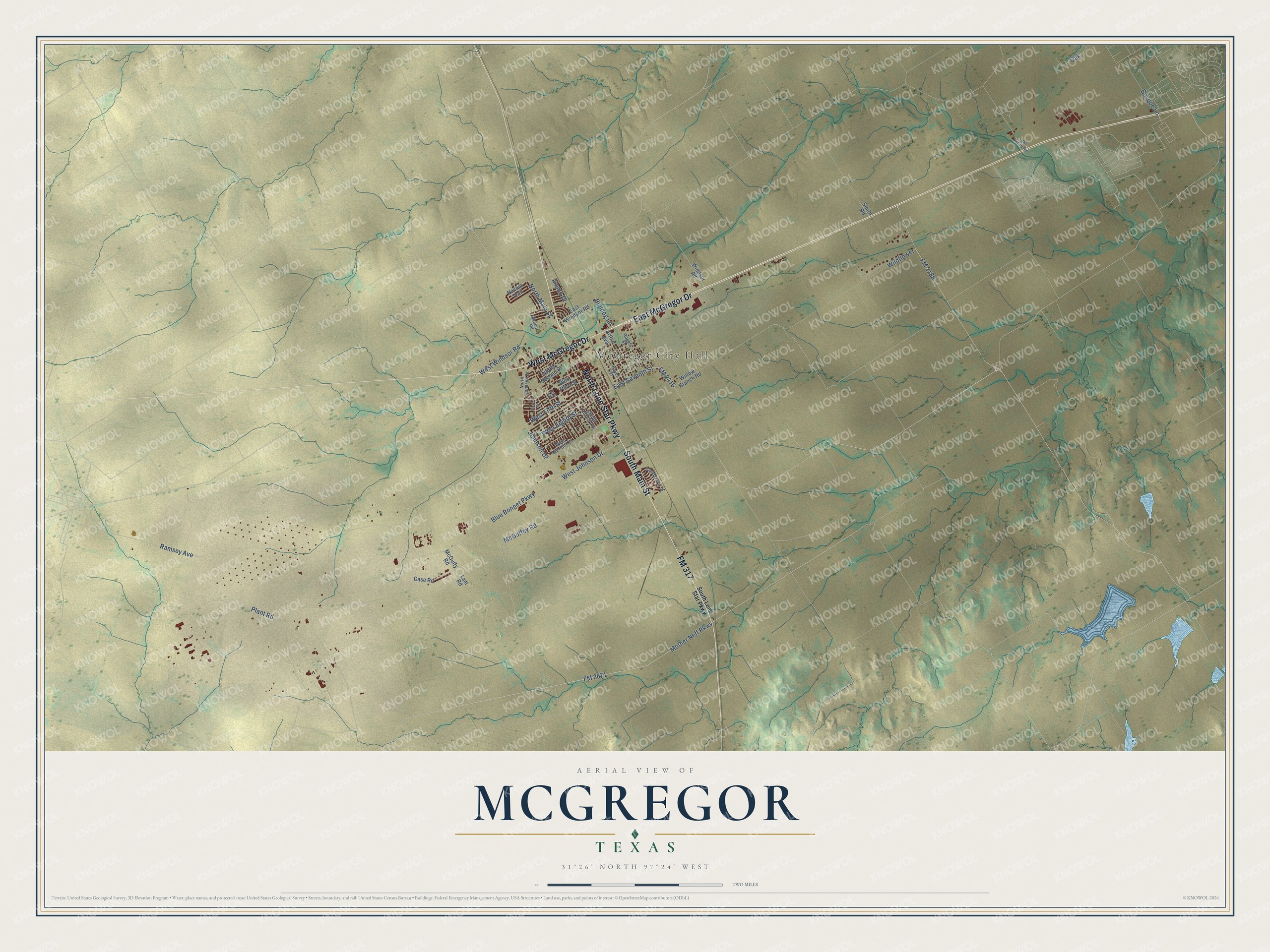 Full map of McGregor, Texas, with red buildings, printed street names and the land around them